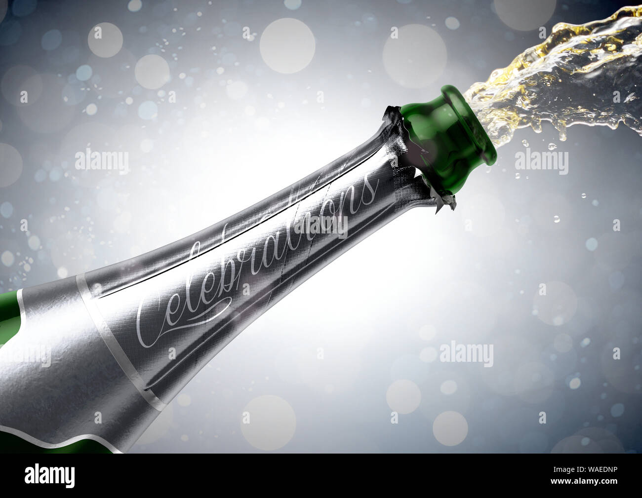 An Opening Bottle Of Champagne With The Word Celebrations And Liquid 