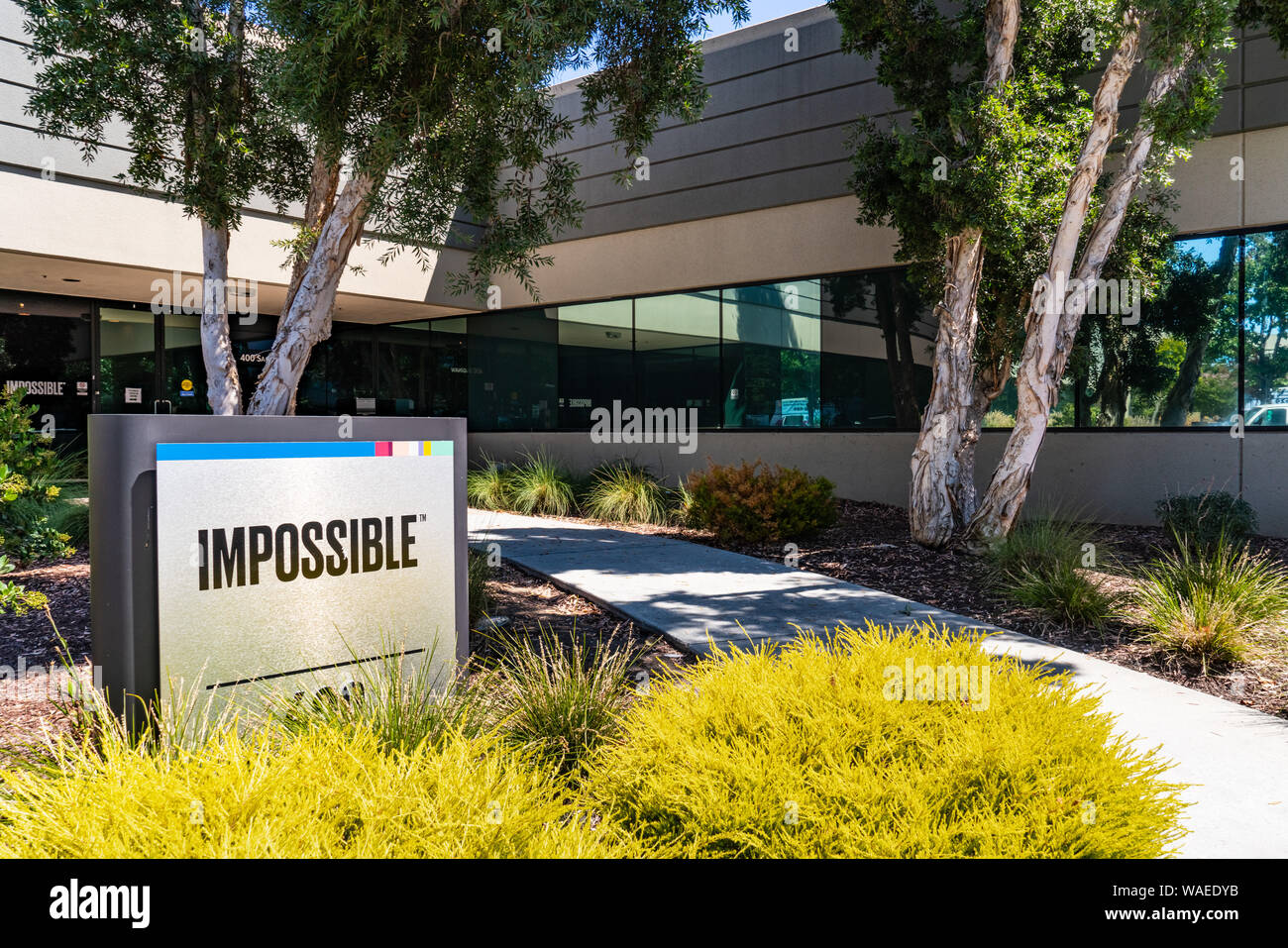 August 1, 2019 Redwood City / CA / USA - Impossible Foods corporate headquarters in Silicon Valley; Impossible Foods Inc. is a company that develops p Stock Photo