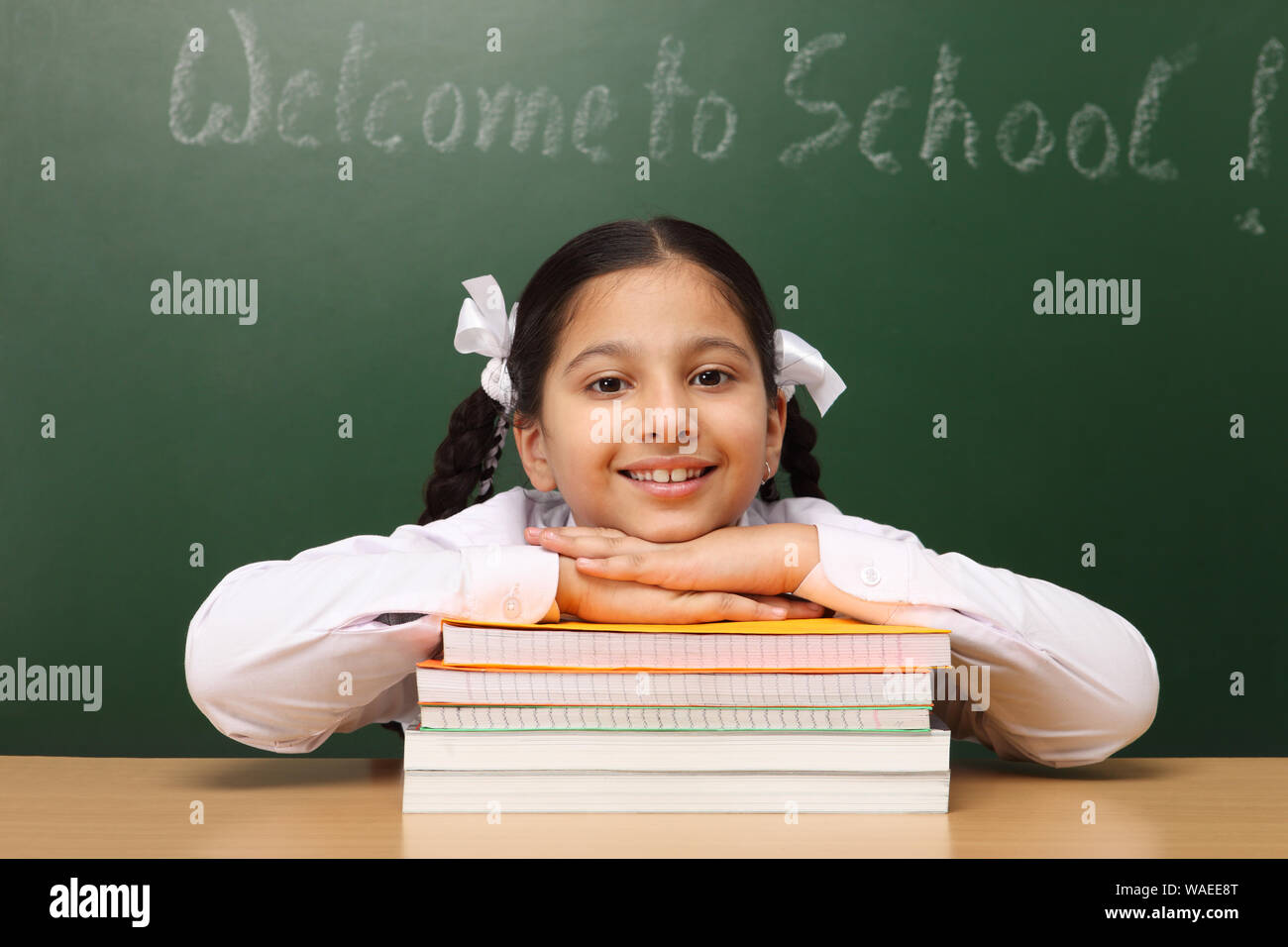 Portrait of a schoolgirl with books in a classroom Stock Photo - Alamy