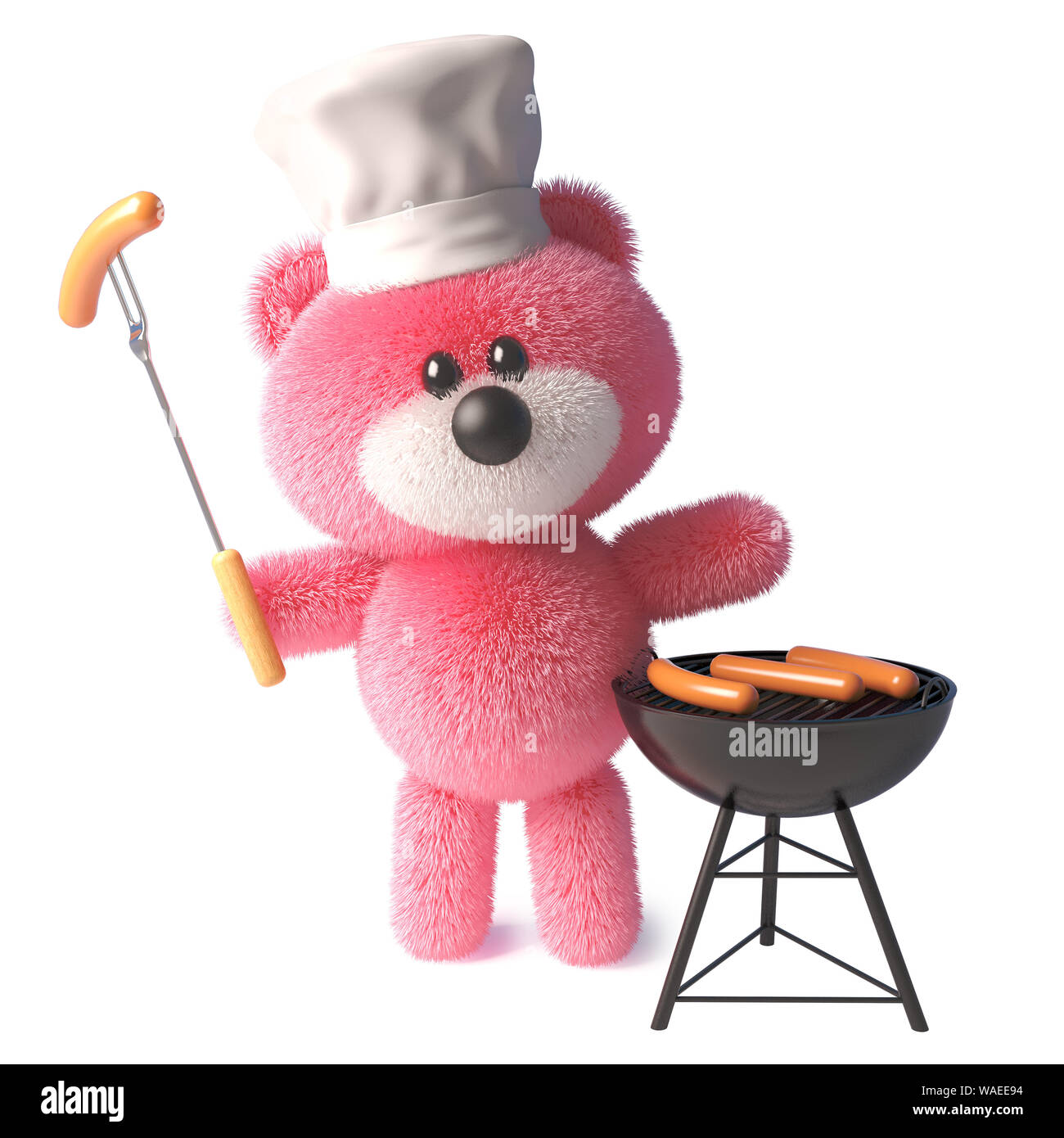 3d teddy bear with fluffy pink fur cooks sausages on a bbq