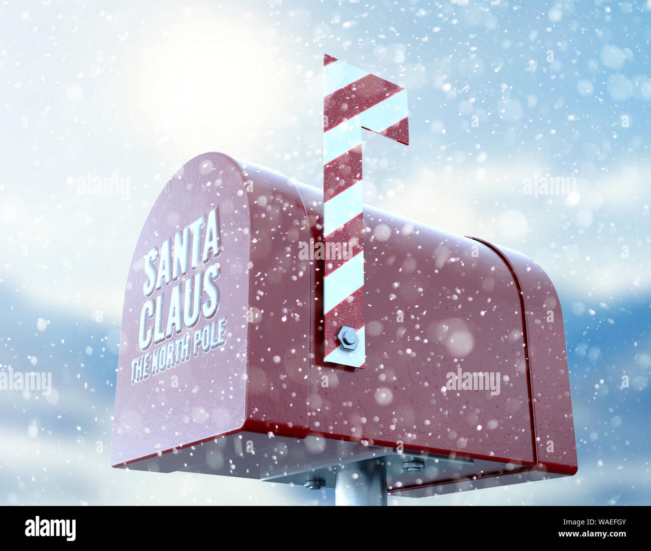 A christmas concept depicting a shut red retro mailbox belonging to santa clause with a striped candy cane flag on a snowy cold background - 3D render Stock Photo