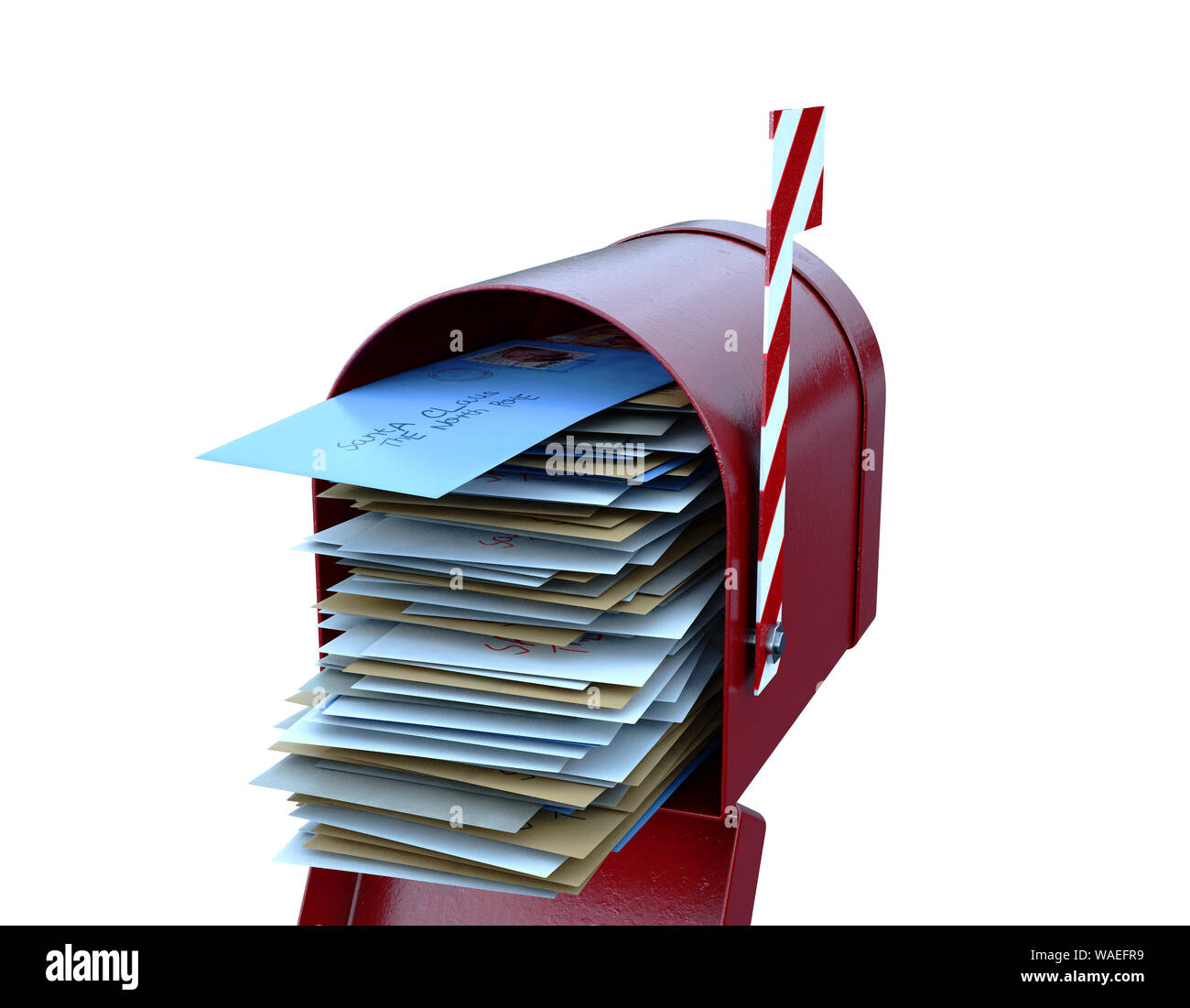 A christmas concept depicting a red retro mailbox belonging to santa clause crammed full of childrens wish list letters to him on an isolated white ba Stock Photo