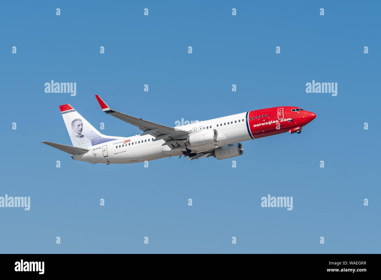 Munich, Germany - March 31. 2019 : Norwegian Air International Boeing 737-8JP with the aircraft registration number EI-FHU during take off on the sout Stock Photo