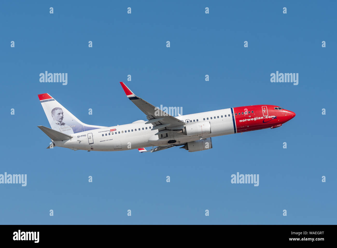 Munich, Germany - March 31. 2019 : Norwegian Air International Boeing 737-8JP with the aircraft registration number EI-FHU during take off on the sout Stock Photo