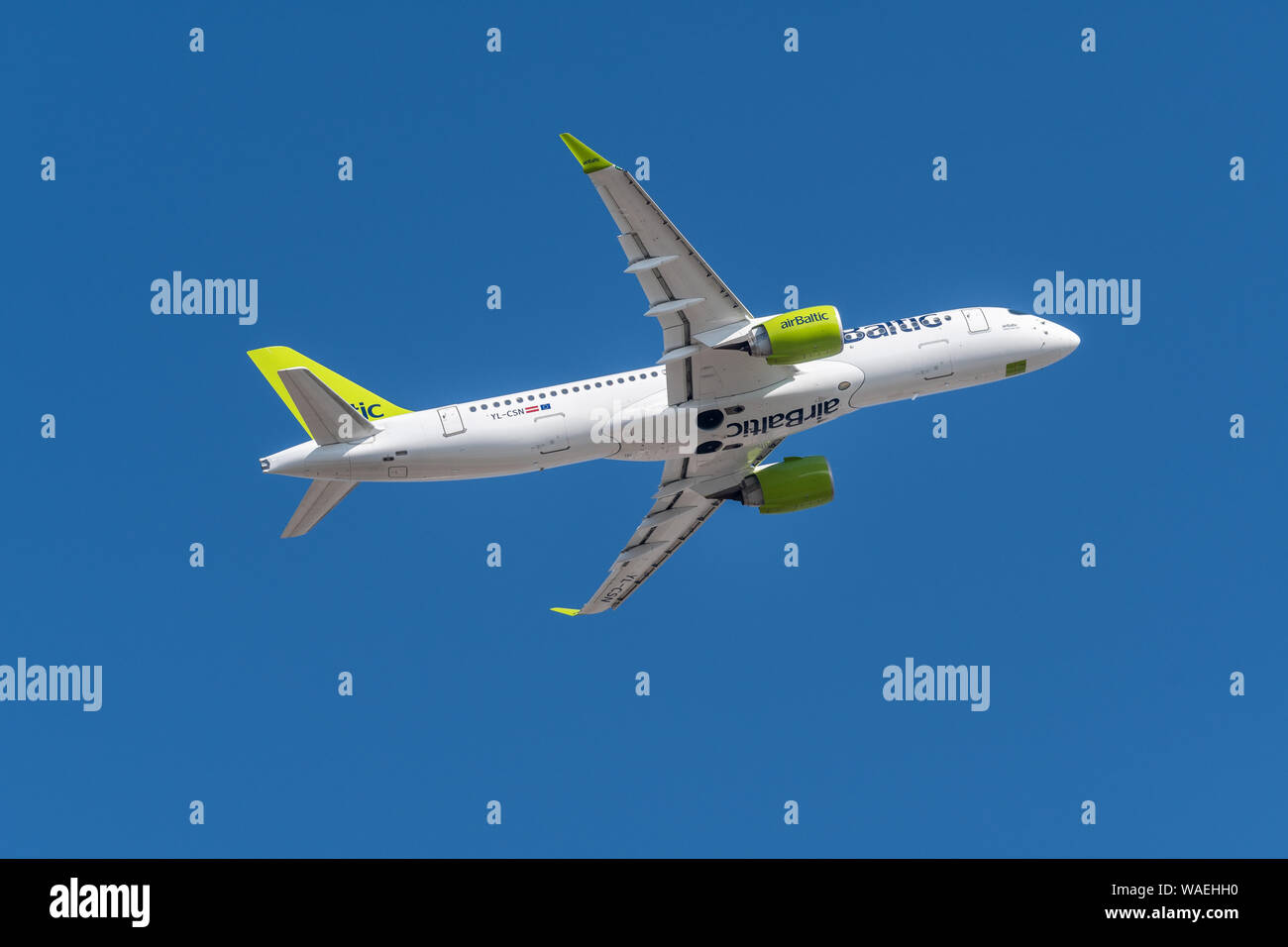 Munich, Germany - March 31. 2019 : Air Baltic Airbus A220-300 with the aircraft registration number YL-CSN during take off on the southern runway 08R Stock Photo
