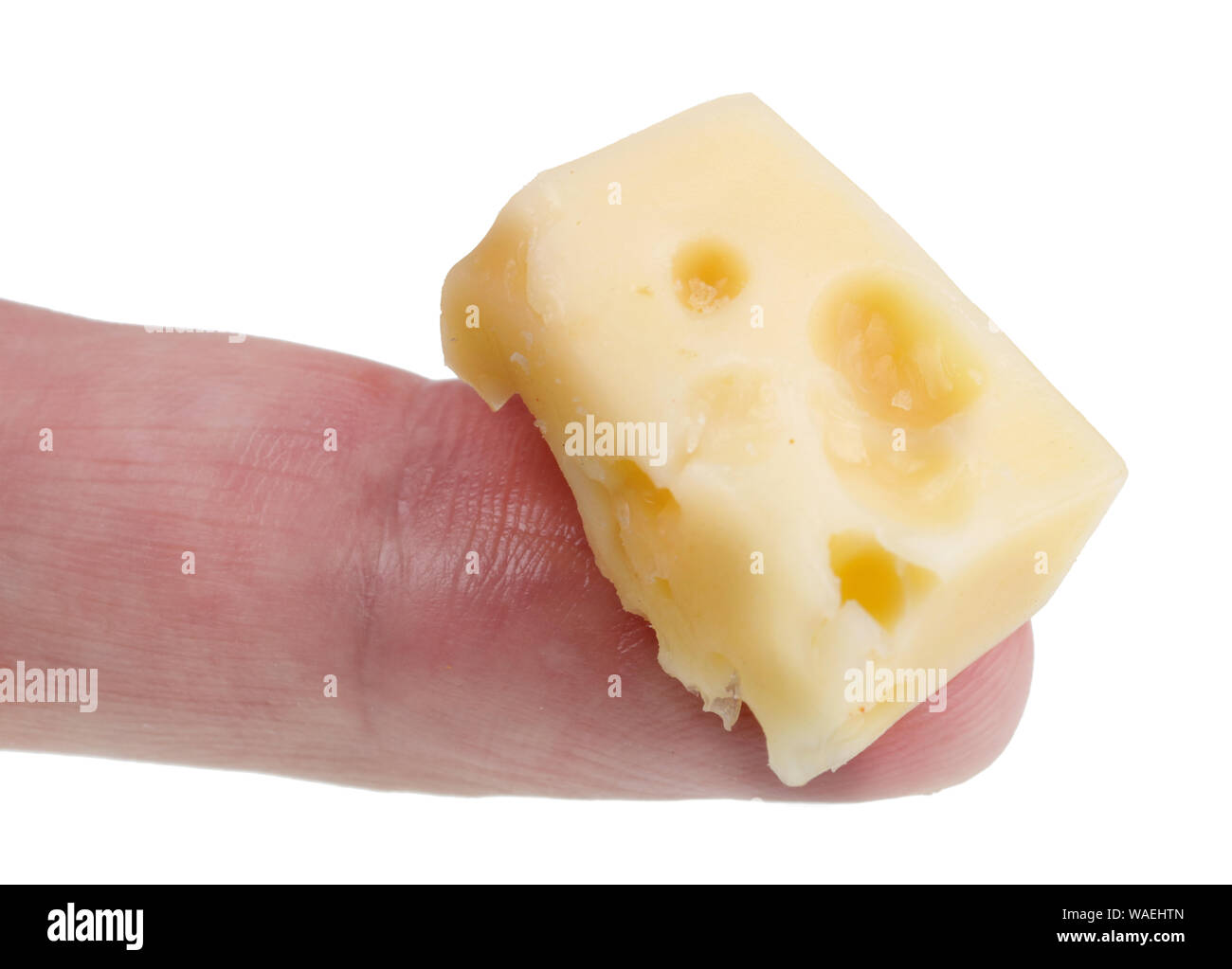 In the future we will eat this concept - small ugly bad old cheese piece on finger. Isolated on white studio macro Stock Photo