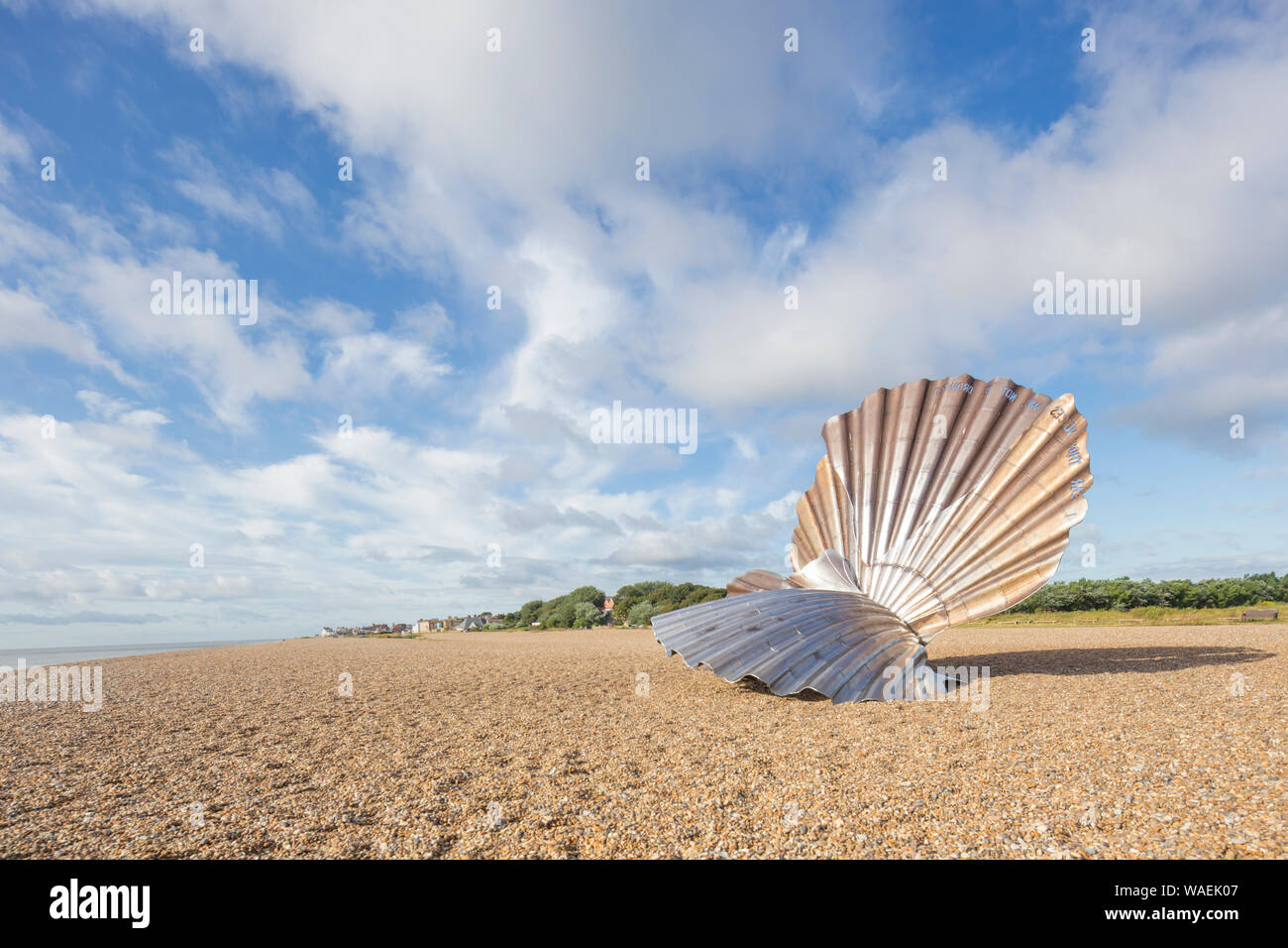 Sculpture called Scallop, dedicated to Benjamin Britten on the beach at the seaside town of Aldeburgh on the East Suffolk coast, England, UK Stock Photo