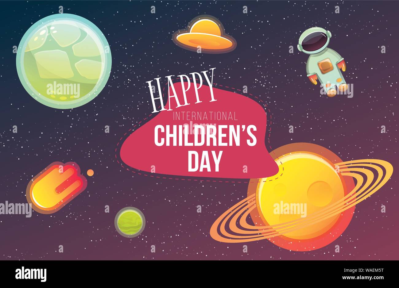 Happy International Childrens Day Banner With Planets Space