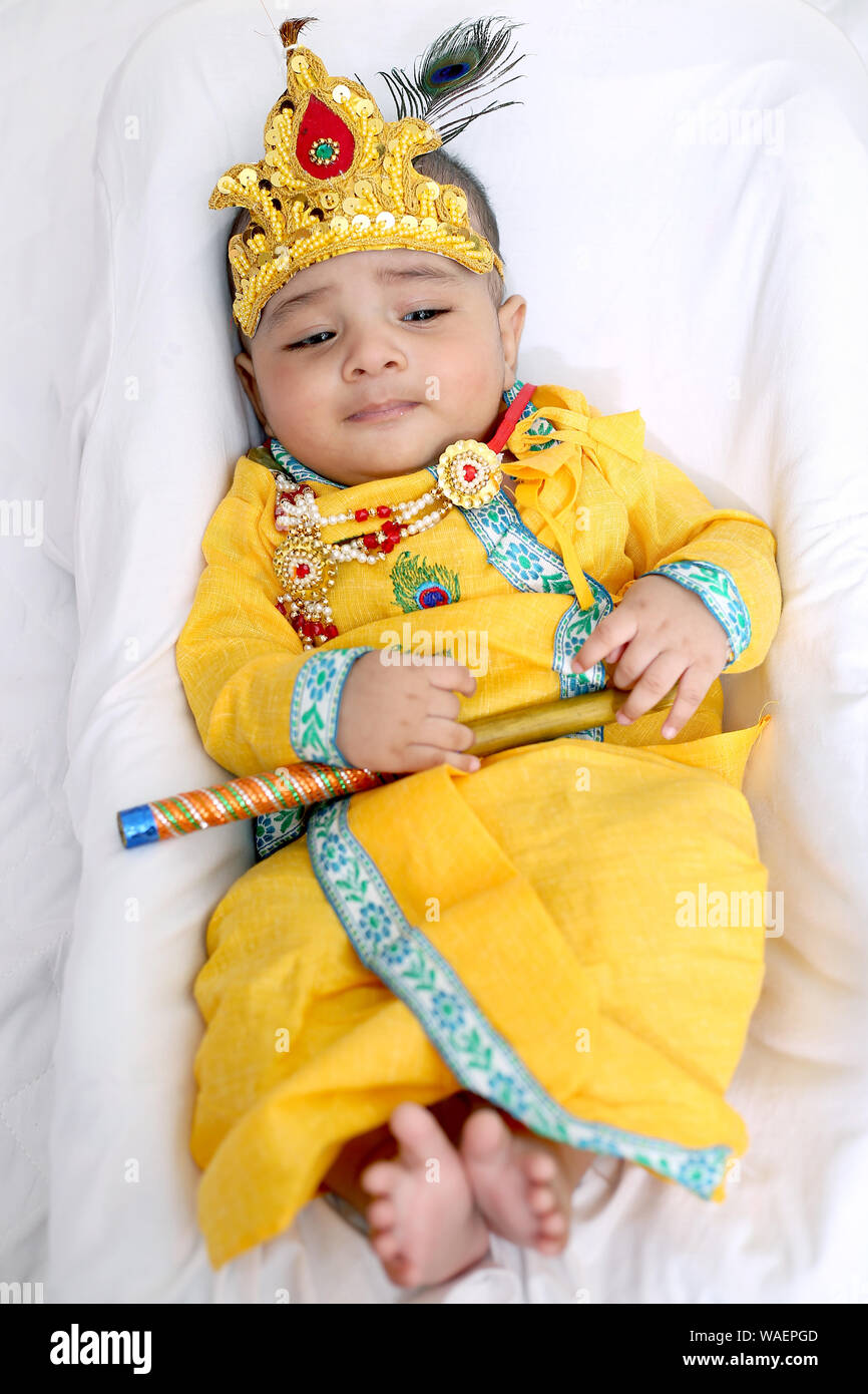 Picture of Indian Little child wearing Lord Krishna costume and ...