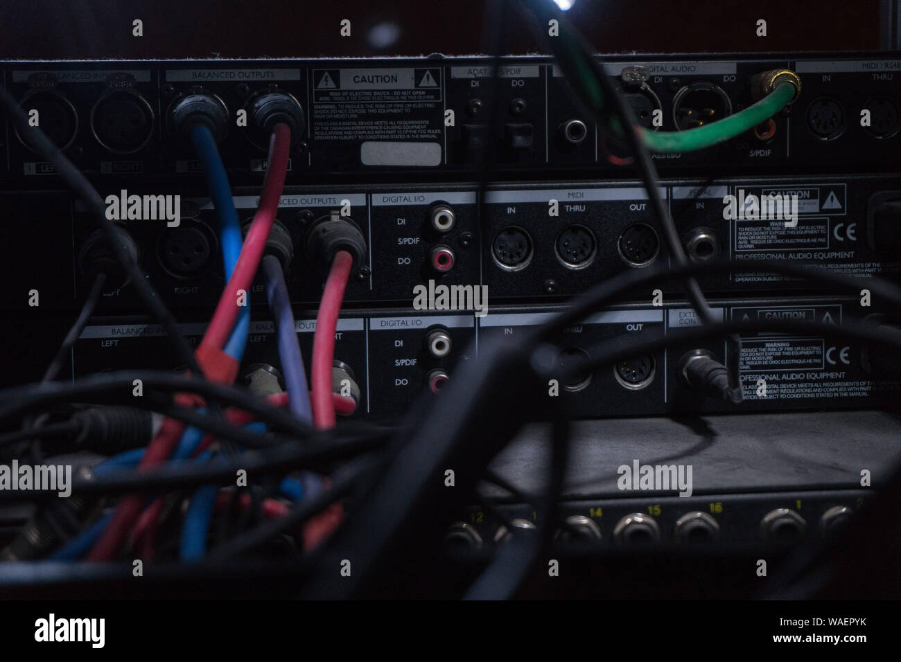 The connectors and the wires leading to the audio apparatus in a