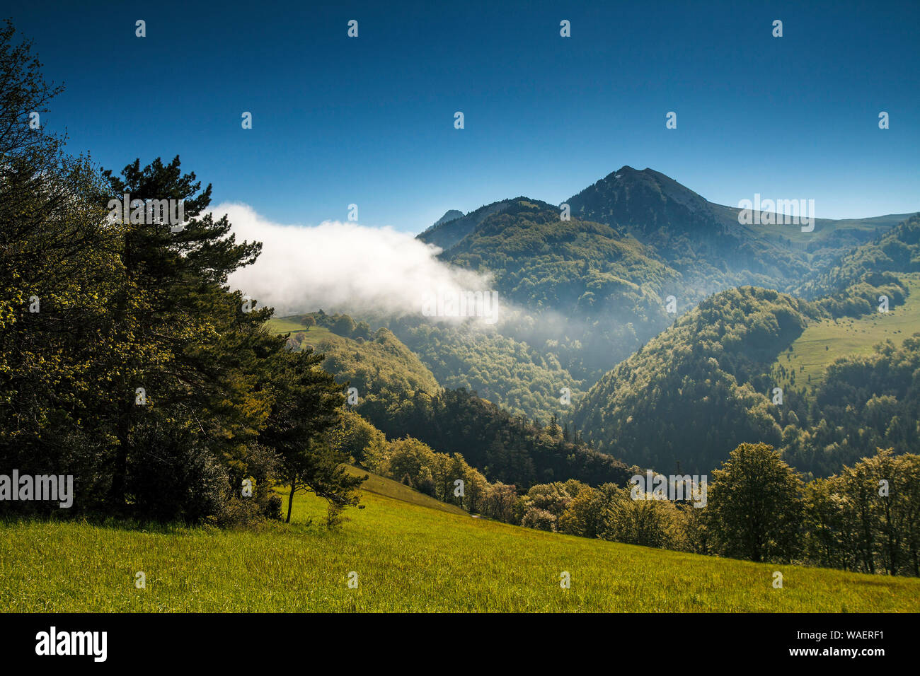 Low cloud over La Freidiere and Mont Barral Vercors Regional Natural Park France Stock Photo