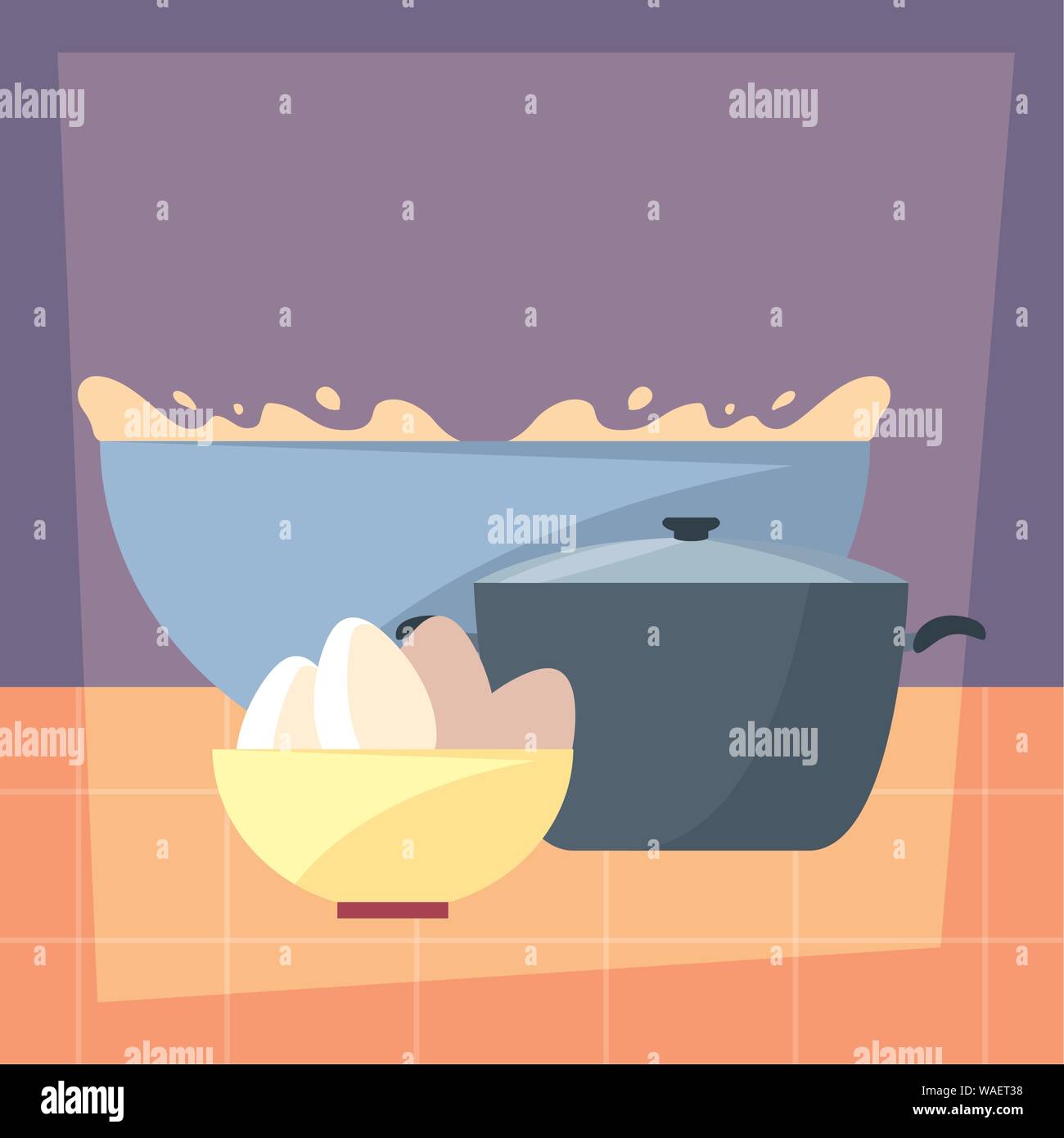 pot bowl eggs and flour preparation cooking vector illustration Stock ...