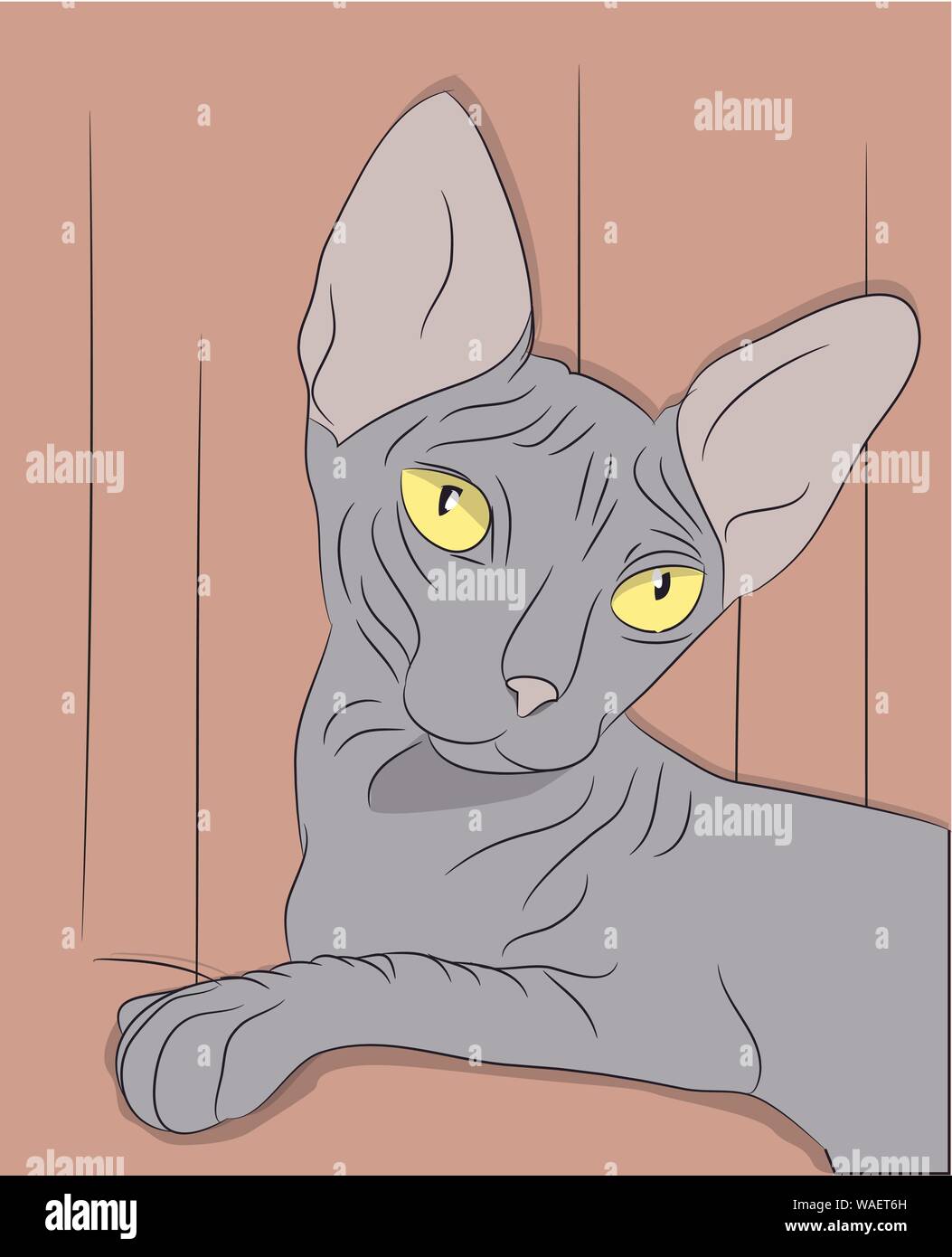 gray cat with green eyes sitting in the room, vector. Stock Vector