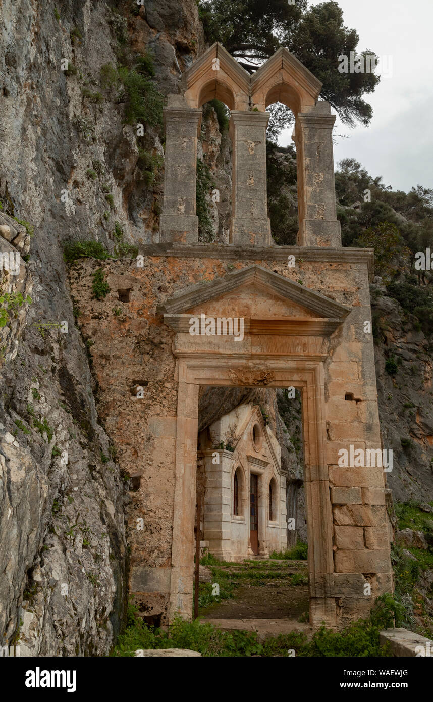 Ruins of the Katholiko monastery, dedicated to St John the Hermit, in the Avlaki Gorge, Akrotiri, Crete. Stock Photo