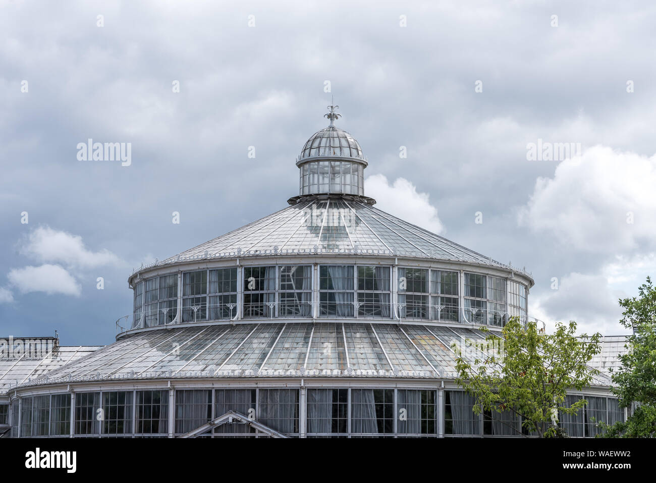 The greenhouse in the Botanic garden, glass against the blue sky in Copenhagen, Denmark, August 16, 2019 Stock Photo