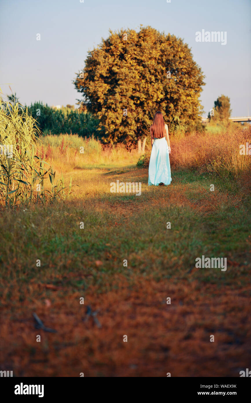 Rear View of Beautiful Young Woman in light blue frok standing in a field Stock Photo