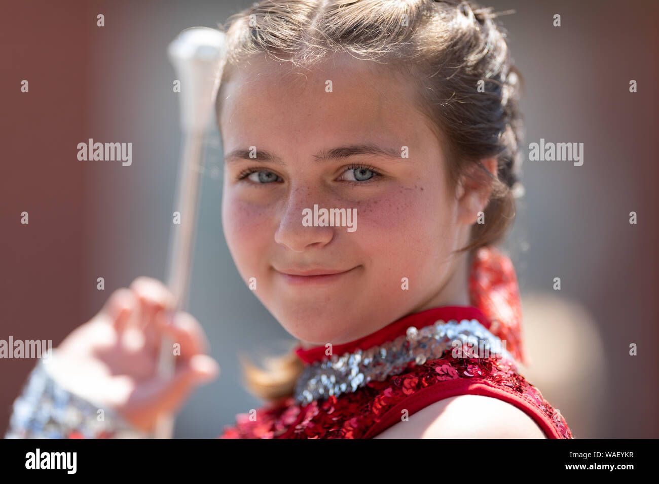 Buckhannon, West Virginia, USA - May 18, 2019: Strawberry Festival, Members of the Upshur County Baton Corp, dancing at the parade Stock Photo