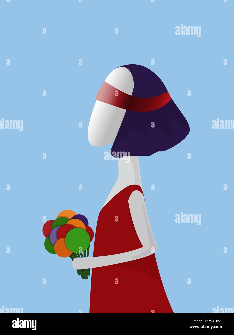 Girl In Red Dress With Purple Hair And Bouquet In Hands Vector