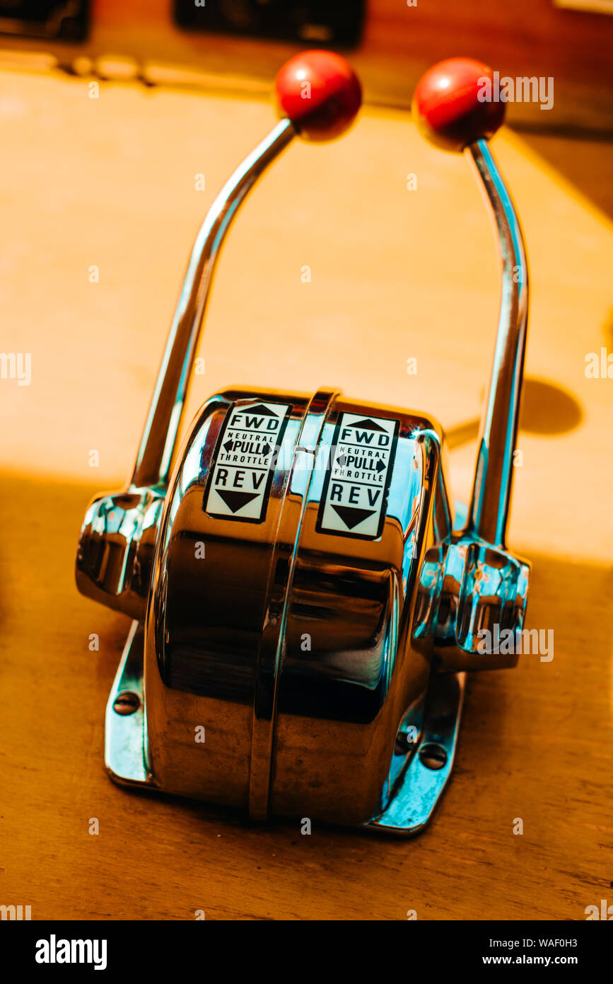 Ship boat control lever on wood background Stock Photo Alamy