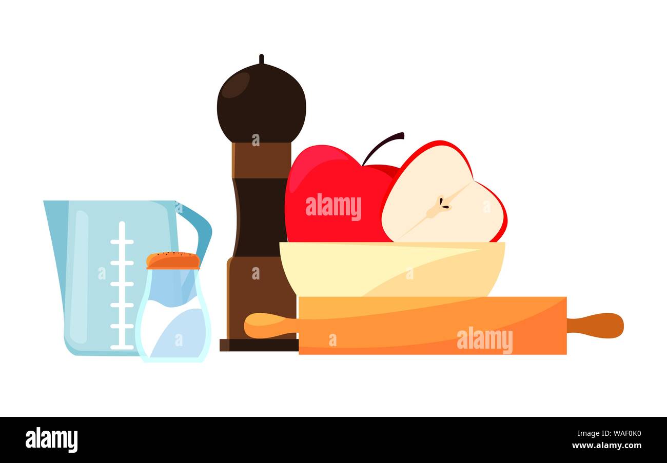 shaker pepper salt apple rolling pin preparation cooking vector ...