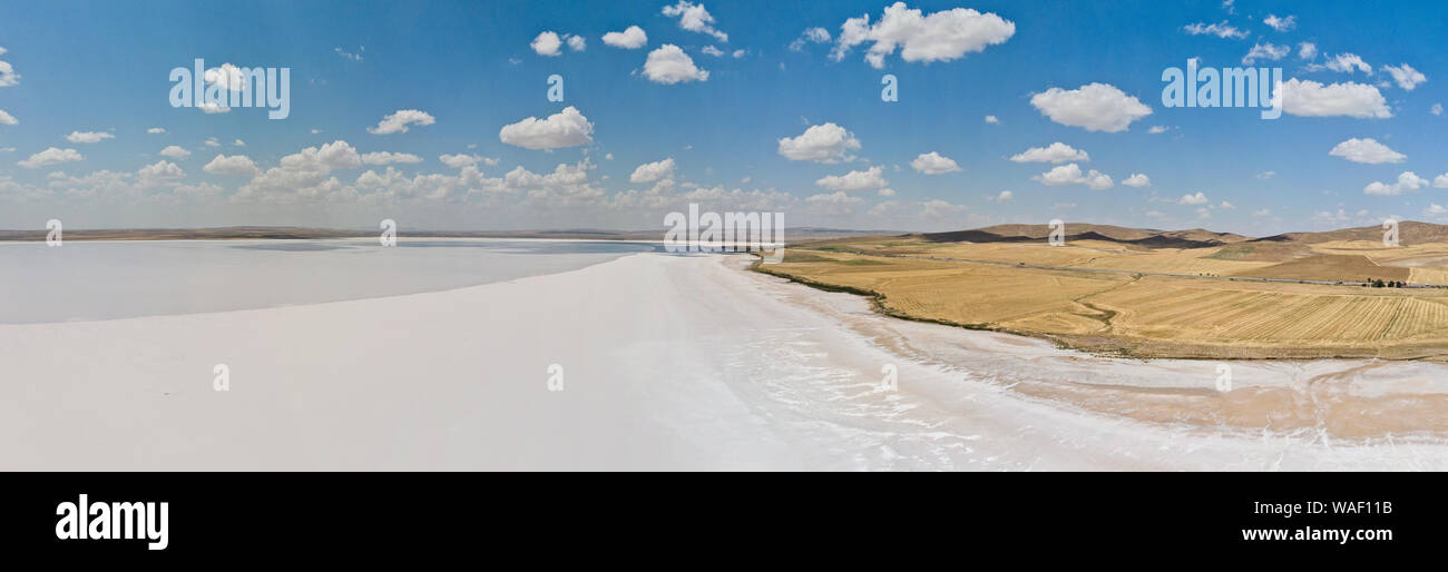 Aerial view of Lake Tuz, Tuz Golu. Salt Lake. White salt water. It is the second largest lake in Turkey. Central Anatolia Stock Photo