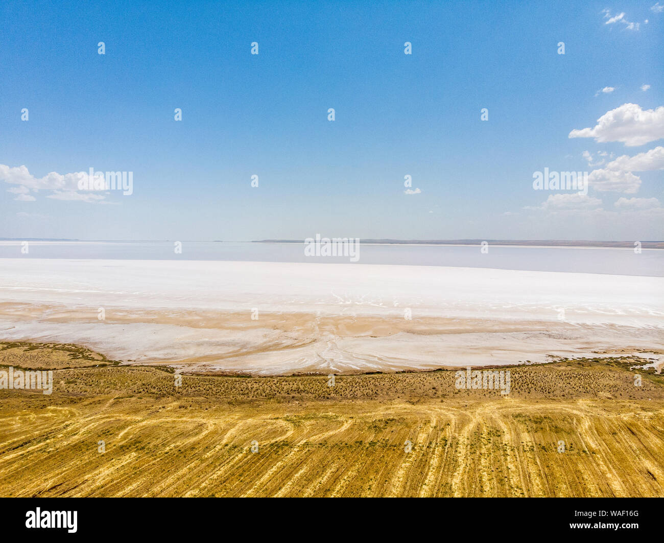 Aerial view of Lake Tuz, Tuz Golu. Salt Lake. White salt water. It is the second largest lake in Turkey. Central Anatolia Stock Photo