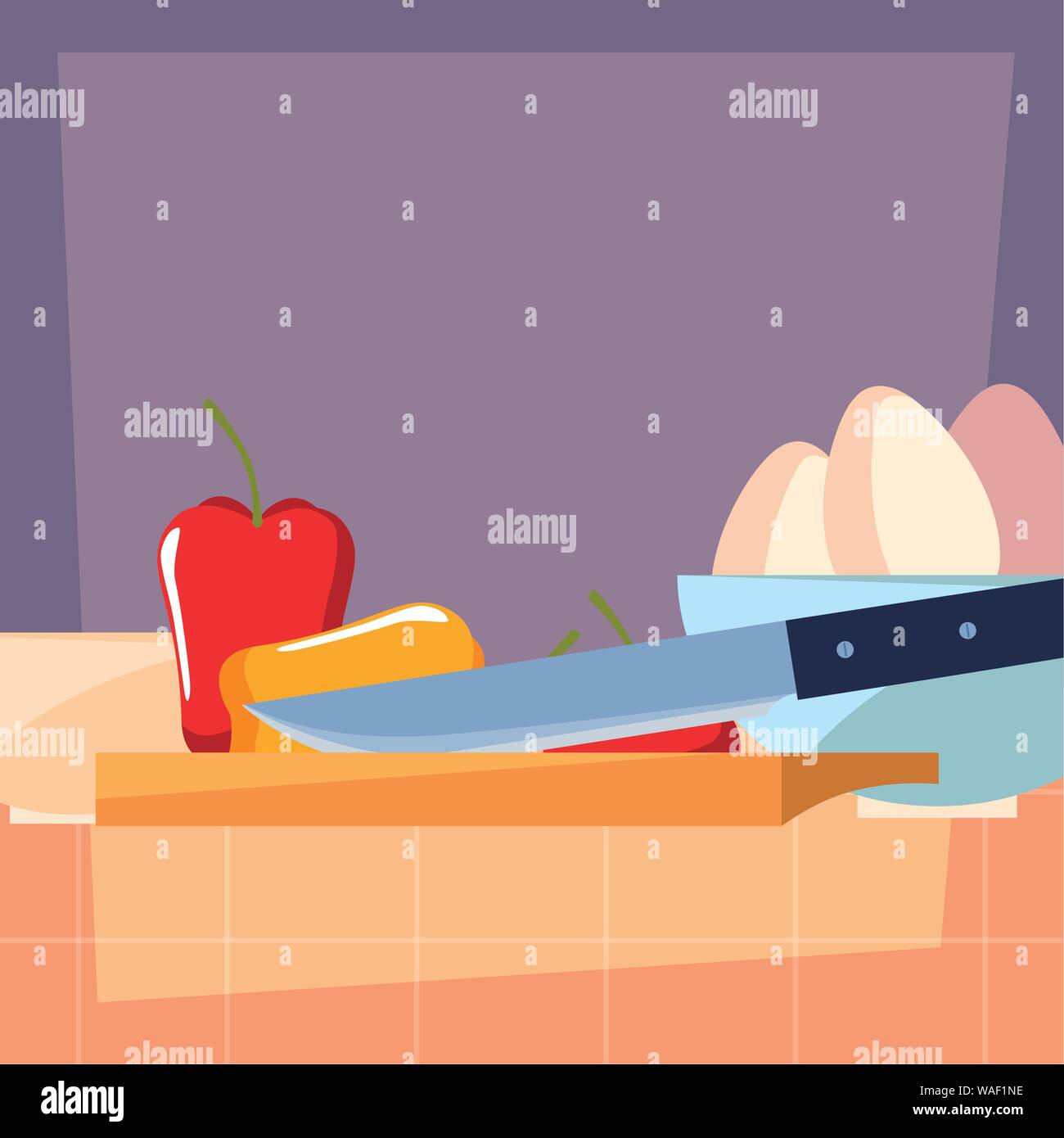 eggs pepper and knife preparation cooking vector illustration Stock ...