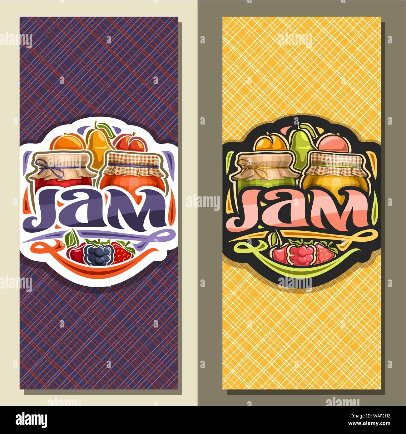Vector banners for fruit Jam, flyer with 2 home made glass jars covered checkered fabric and tied bow, fresh cartoon fruits and berries, brush letteri Stock Vector