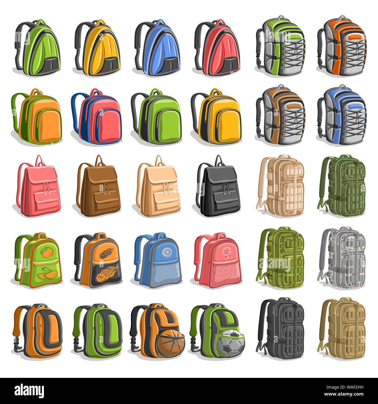 Vector set of various Backpacks, 30 cut out variety bags with straps and handle for army or trip, modern orange backpack for kids with soccer ball in Stock Vector