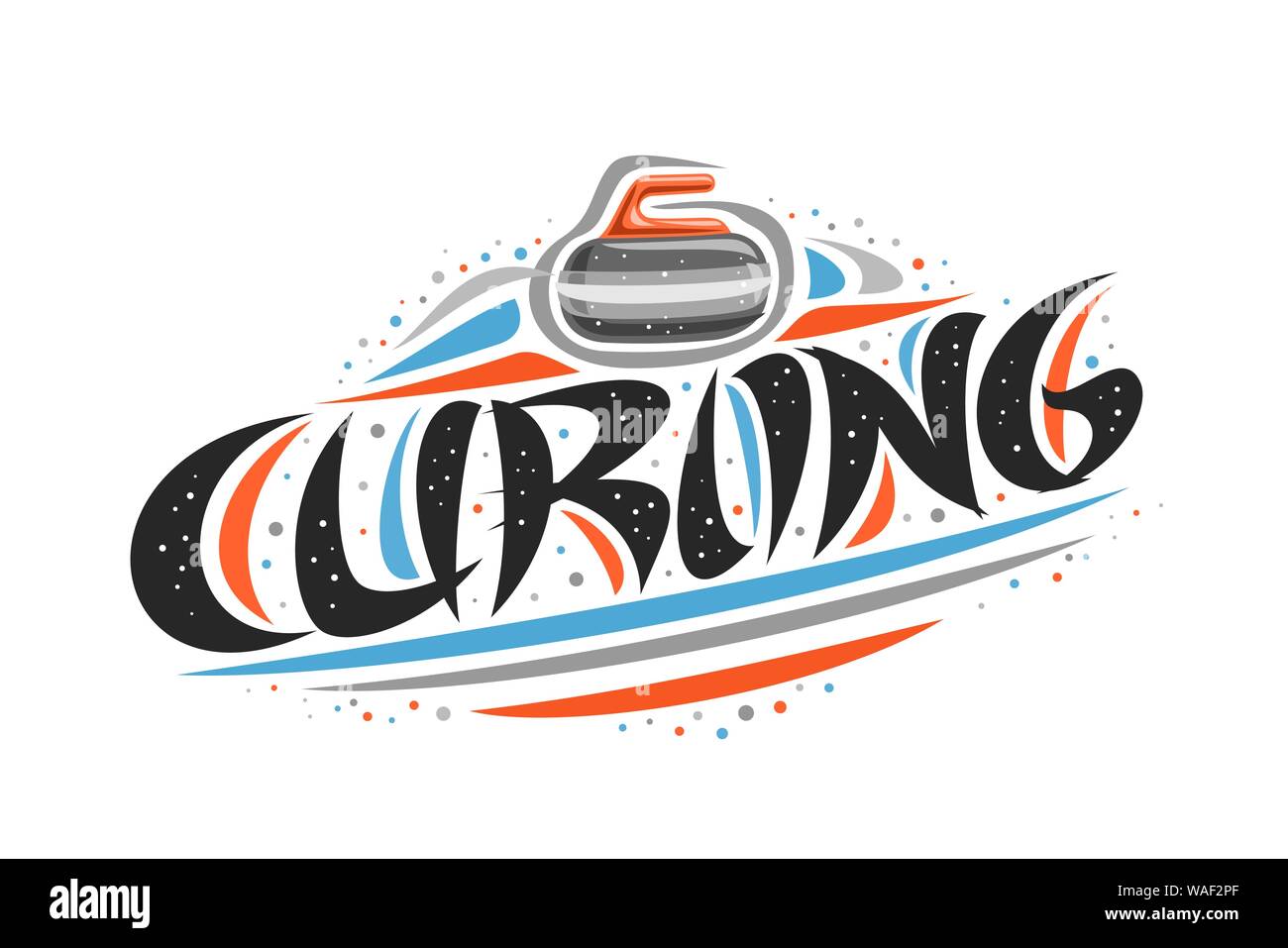 Vector logo for Curling, outline creative illustration of throwing rock in goal, original decorative brush typeface for word curling, abstract simplis Stock Vector