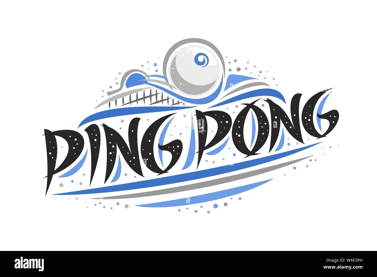 Vector logo for Ping Pong, outline creative illustration of hitting ball in goal, original decorative brush typeface for words ping pong, abstract sim Stock Vector