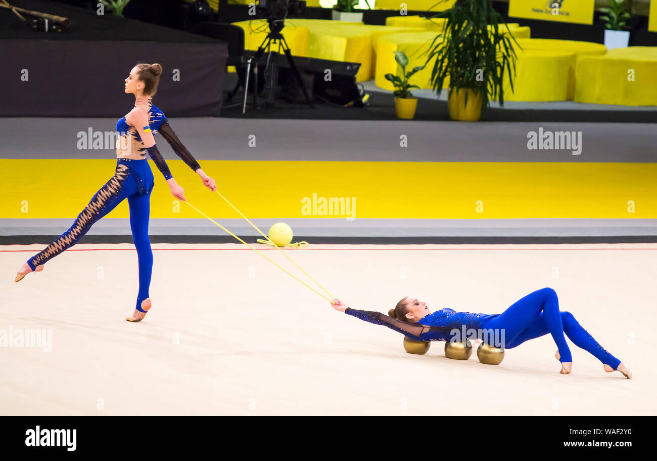 KYIV, UKRAINE - MARCH 19, 2017:  Team of Ukraine performs at Deriugina Cup Grand Prix (Rhythmic Gymnastics International Tournament) Stock Photo