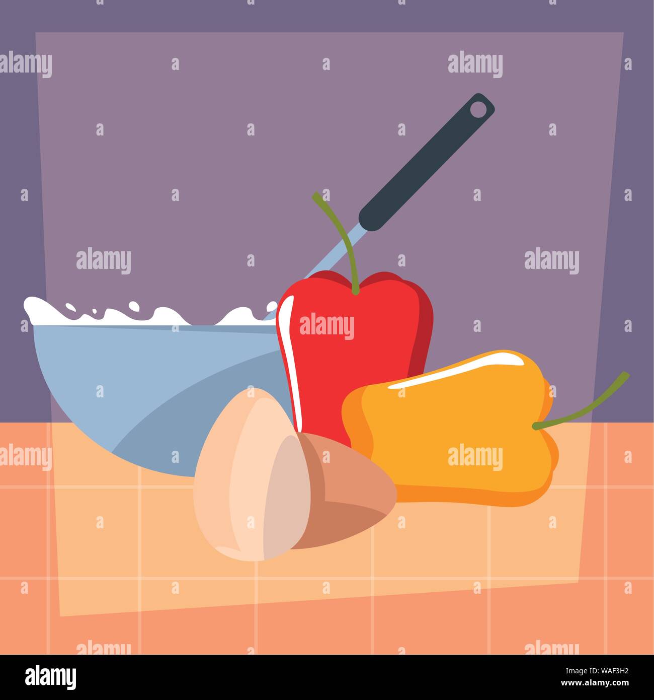 bowl pepper and eggs preparation cooking vector illustration Stock ...