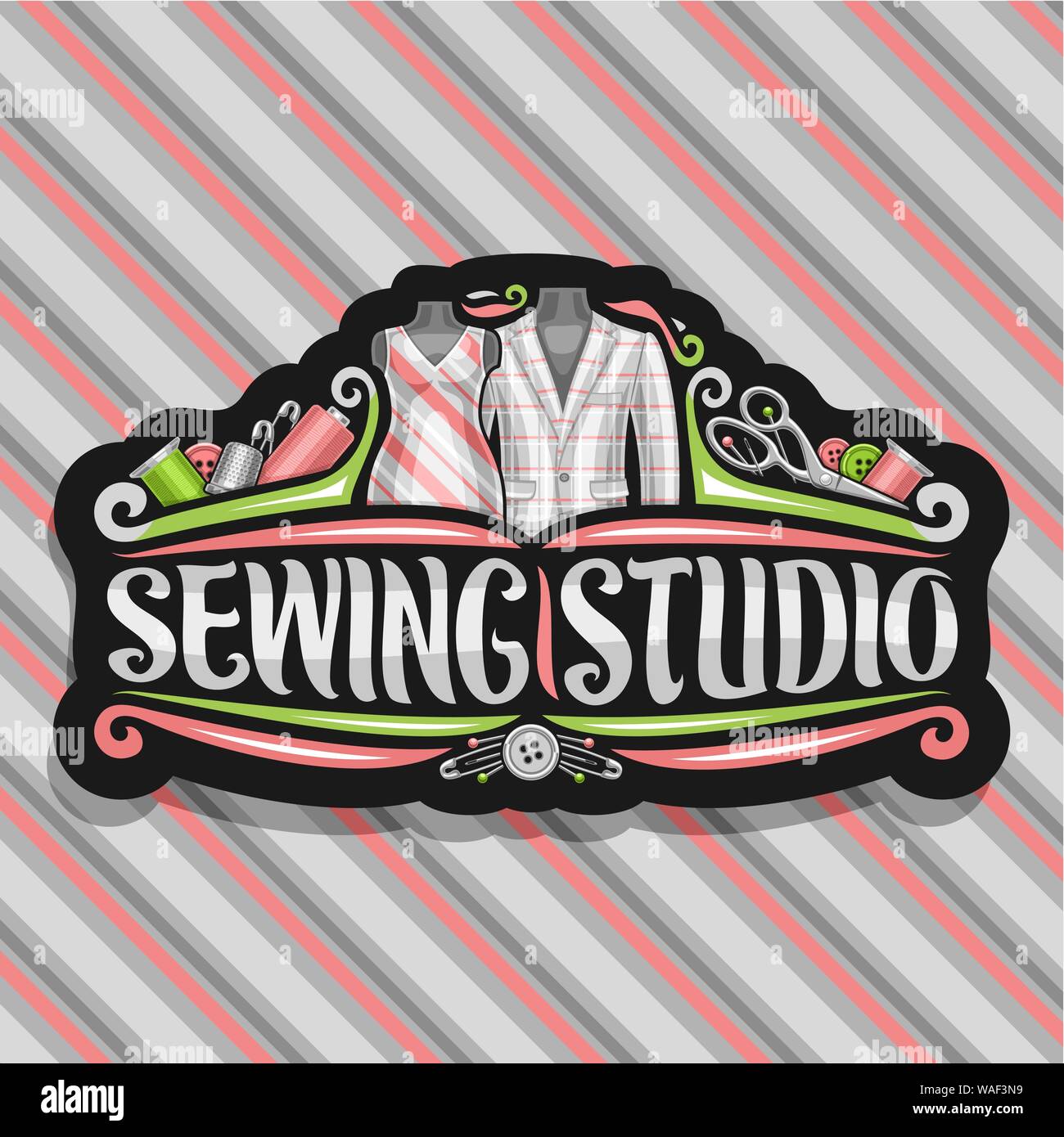 Vector logo for Sewing Studio, black decorative signboard with flourishes, sewing tools, mens blazer and retro female dress on dummies, brush letterin Stock Vector