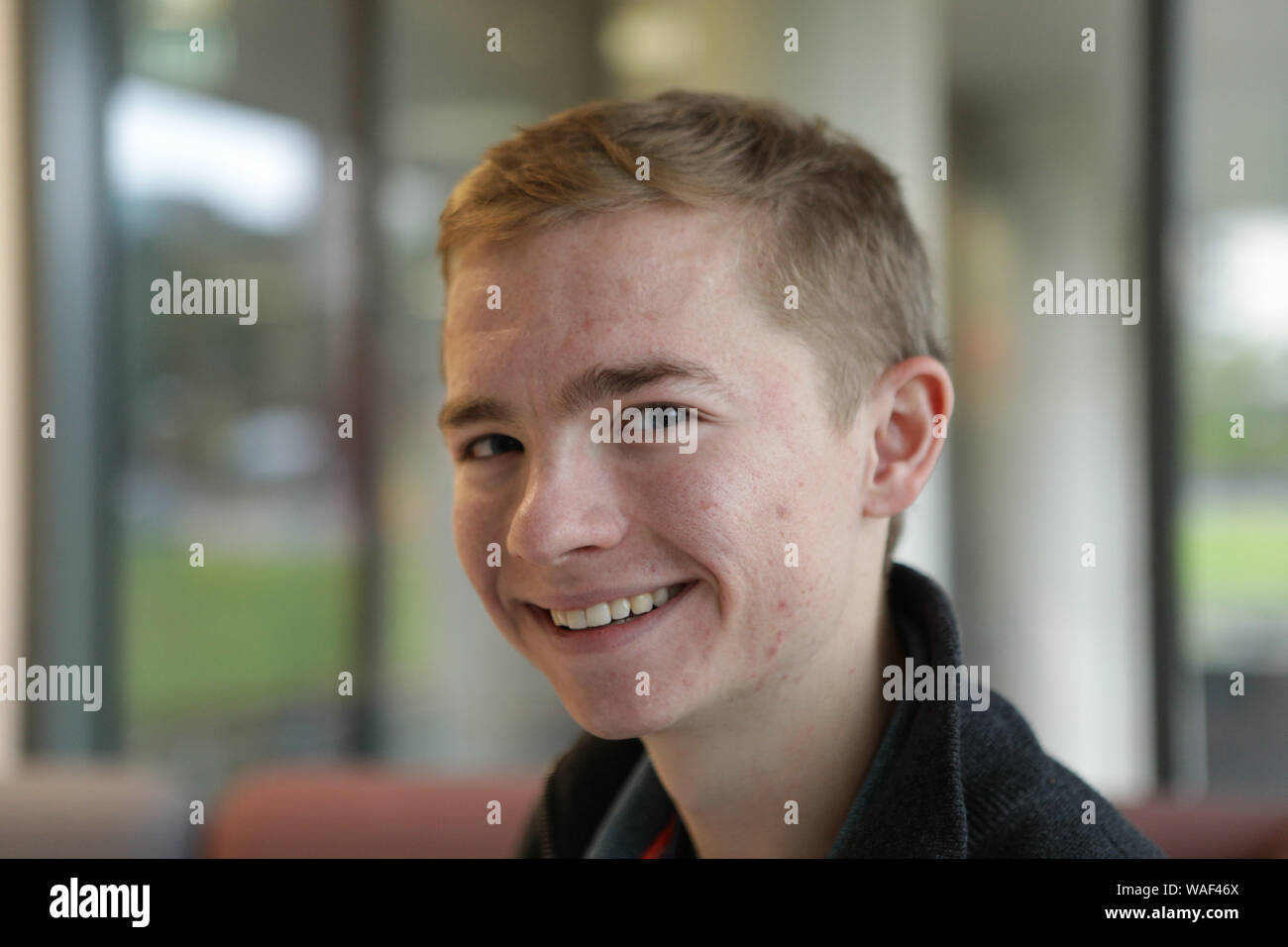A Level Results, Rochdale 6th Form, Rochdale, UK.  Harry Tait who achieved 4 A* (Maths, Further Maths, Physics and EPQ) and will go on ot study for his Pilots Licence for Commercial Flights (ATPL) Stock Photo