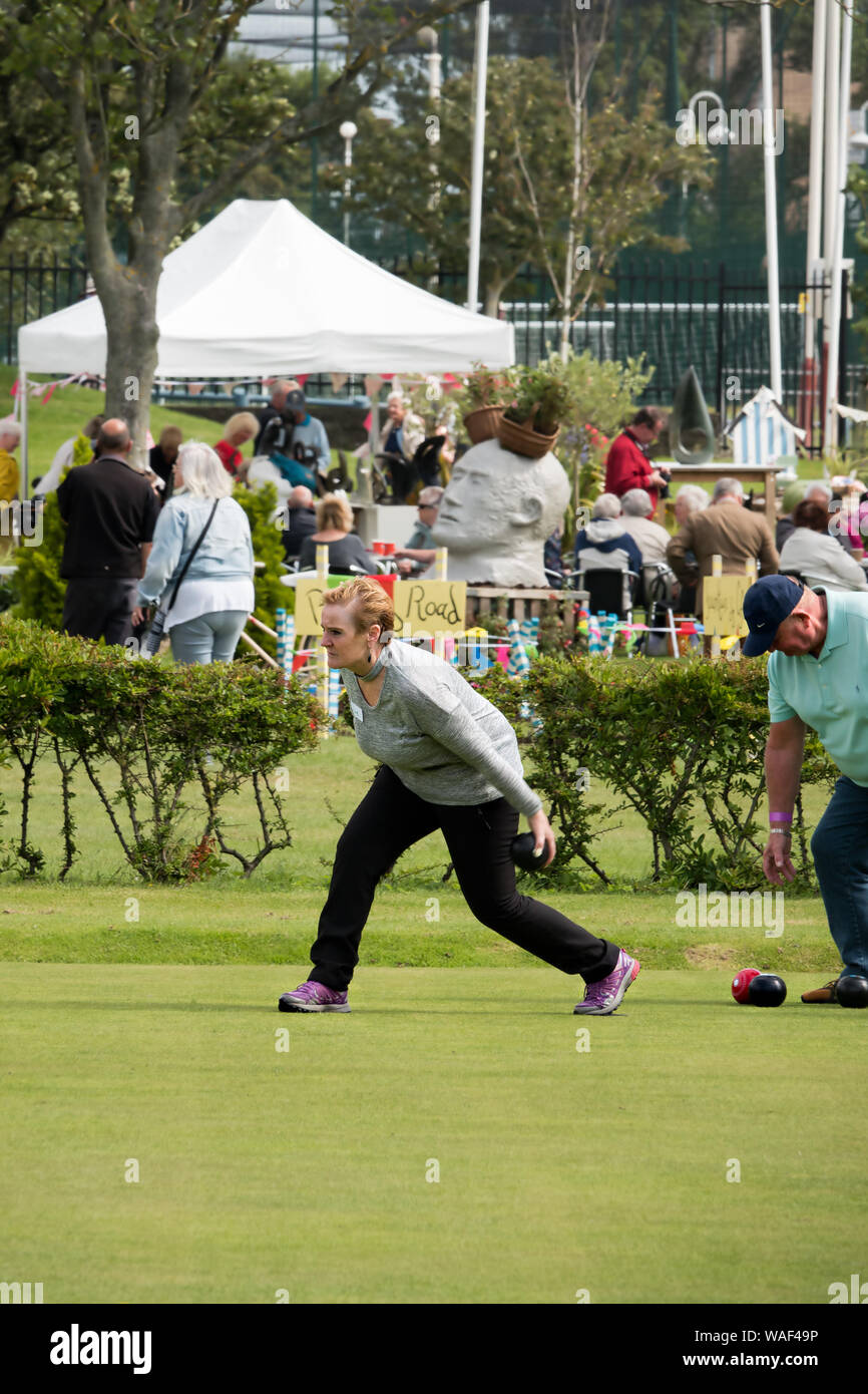 Woman playing bowls at the 2019 Southport Flower Show. Stock Photo