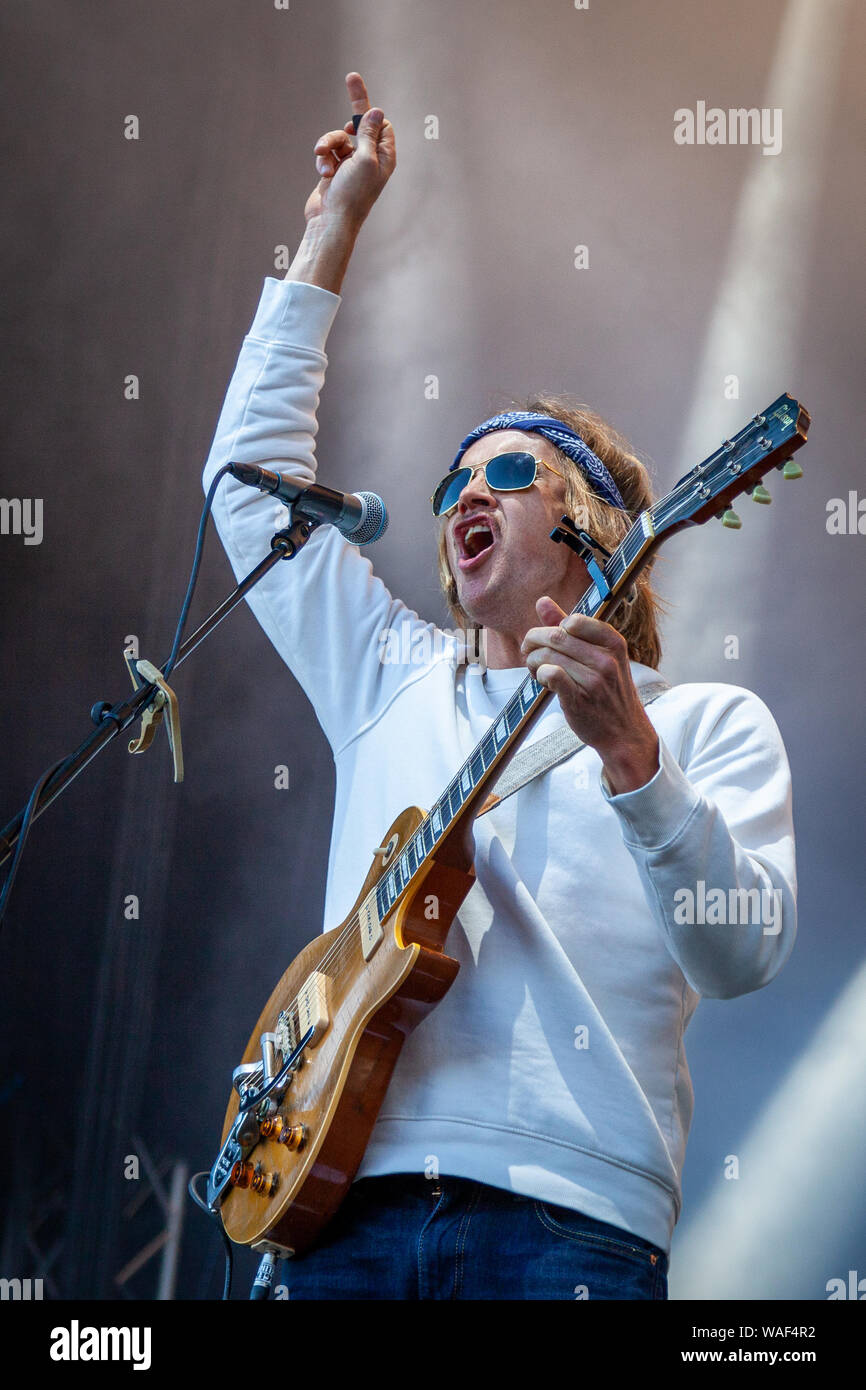 Trondheim, Norway. August 15th, 2019. The Norwegian rock band BigBang  performs a live concert during the Norwegian music festival Pstereo 2019 in  Trondheim. Here singer, songwriter and musician Øystein Greni is seen