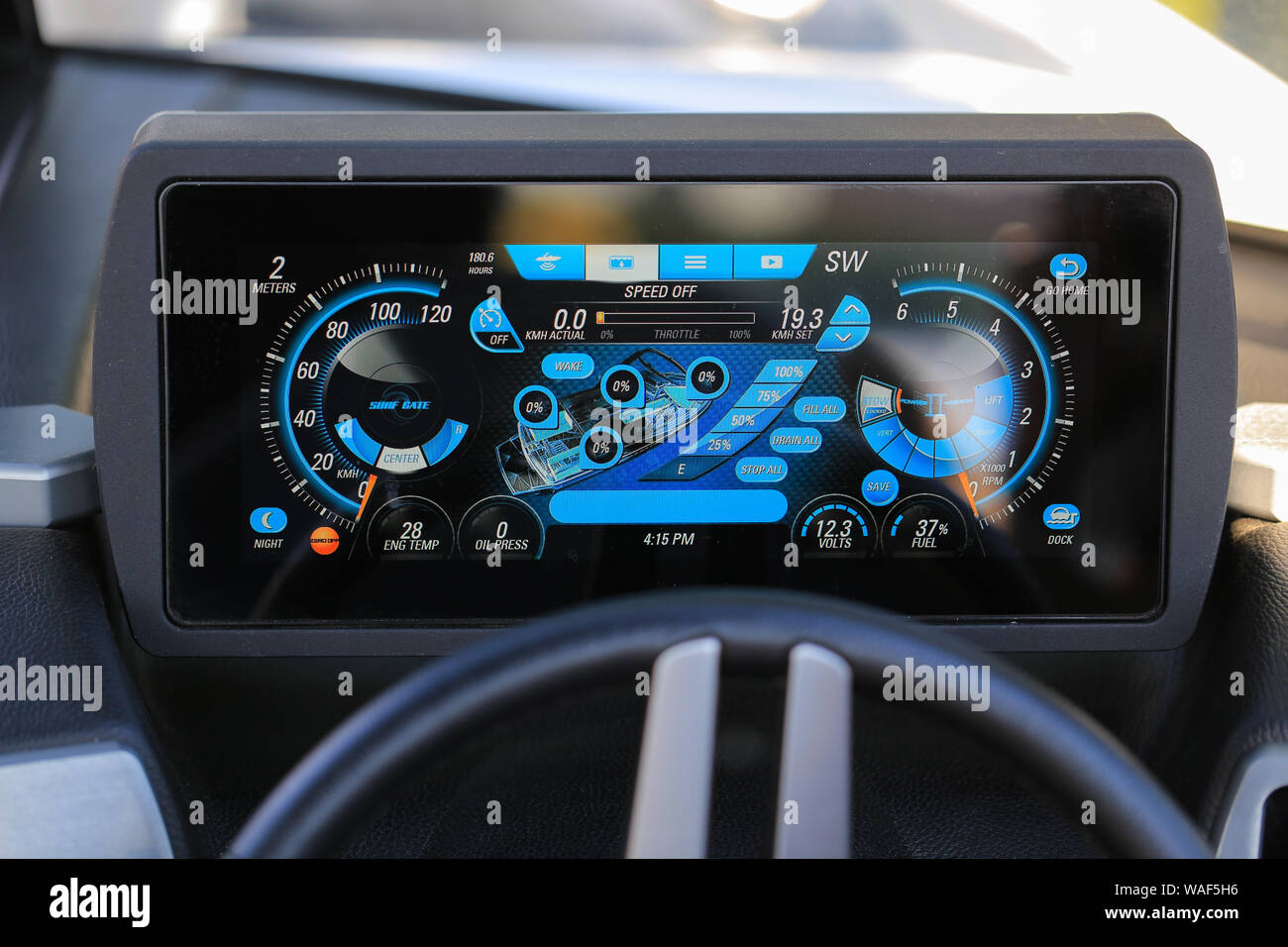 Electronic dashboar malibu command center boat close up Stock Photo