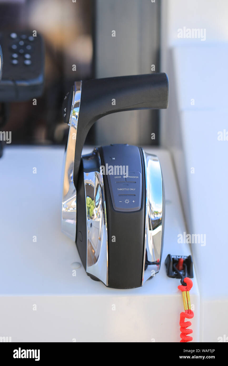 Motor boat throttle control. Handle gas on the boat Stock Photo Alamy