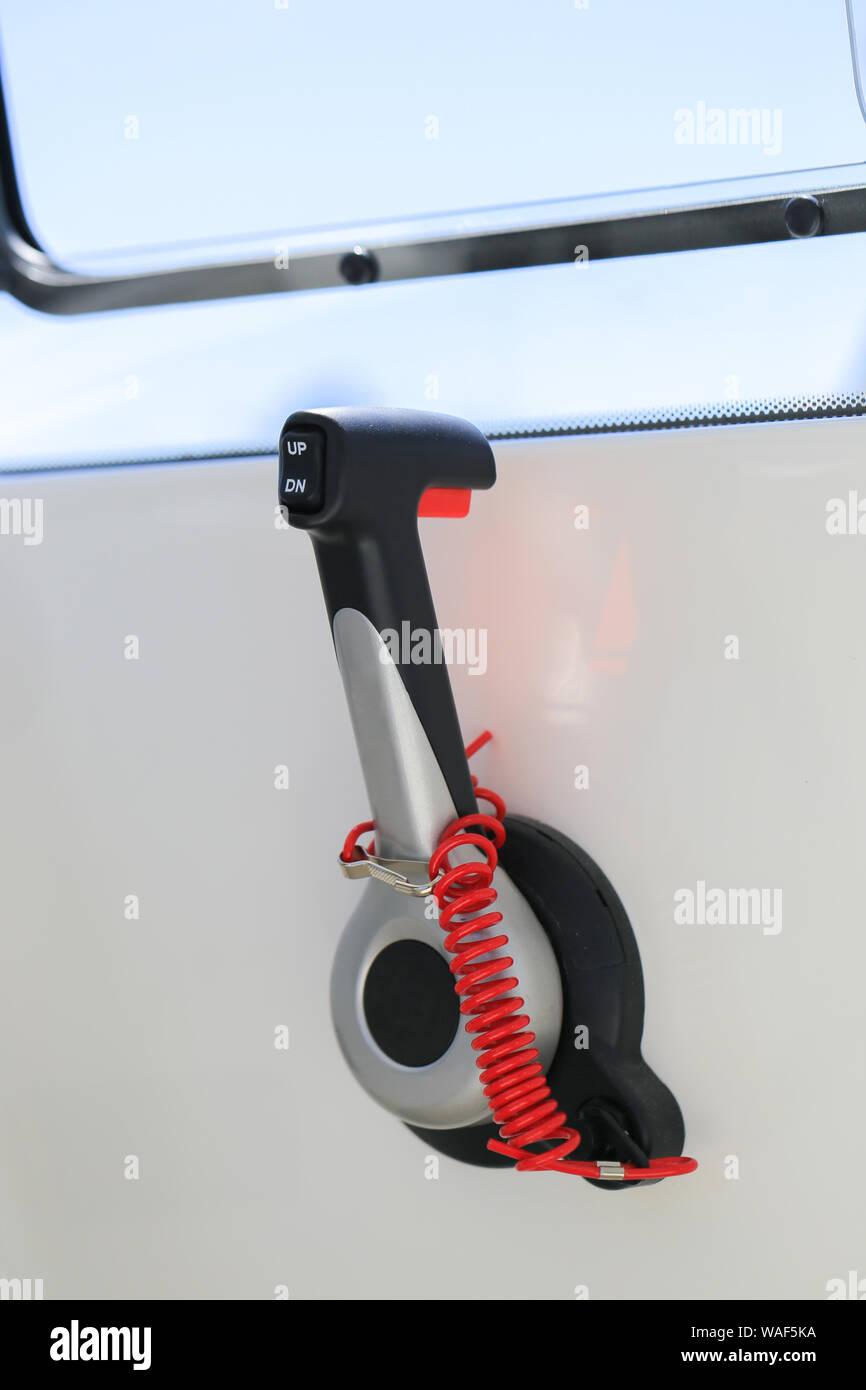 Motor boat throttle control. Handle gas on the boat Stock Photo Alamy