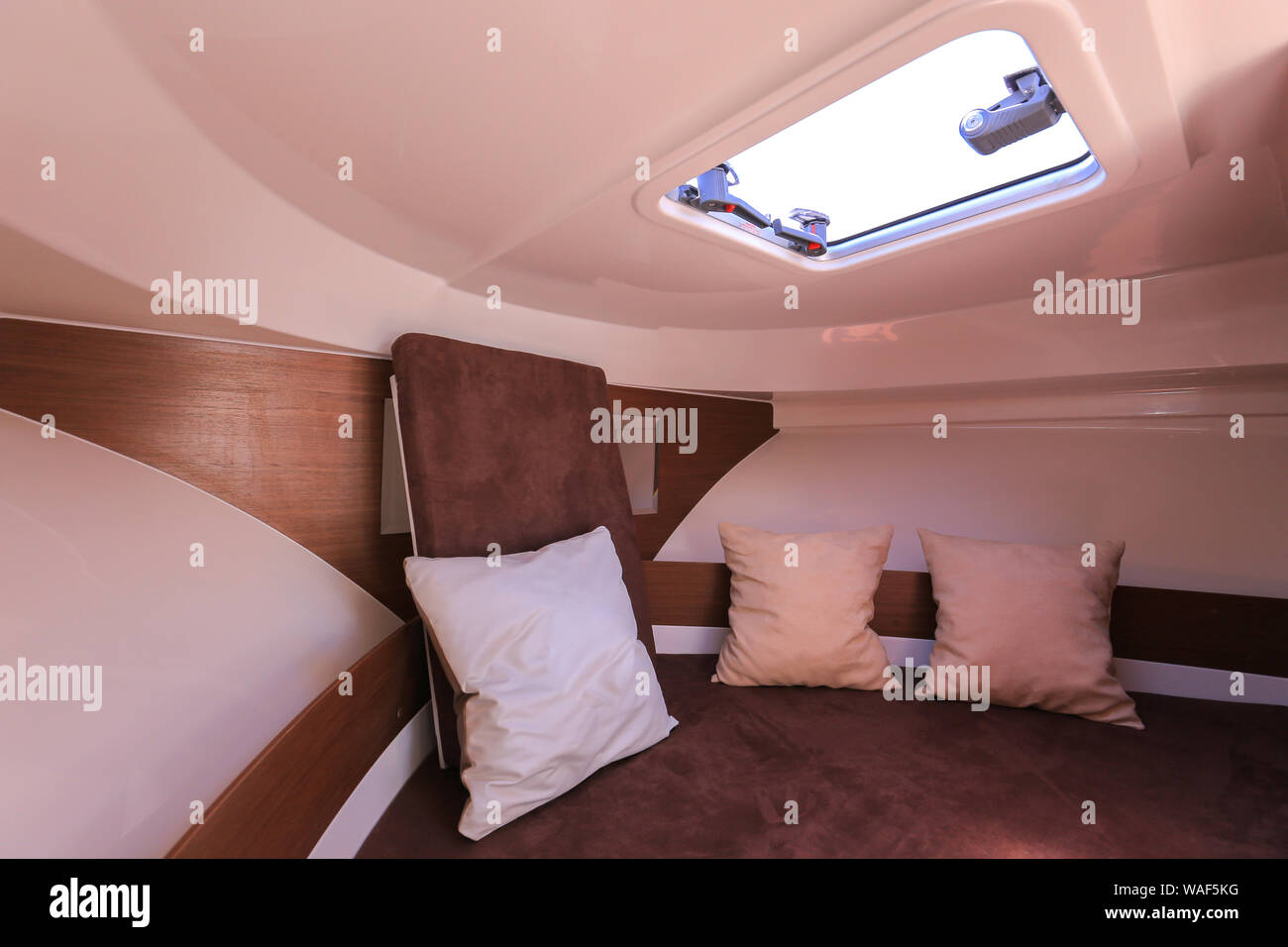 Motor boat interior. Sailing yacht interior with furniture Stock Photo