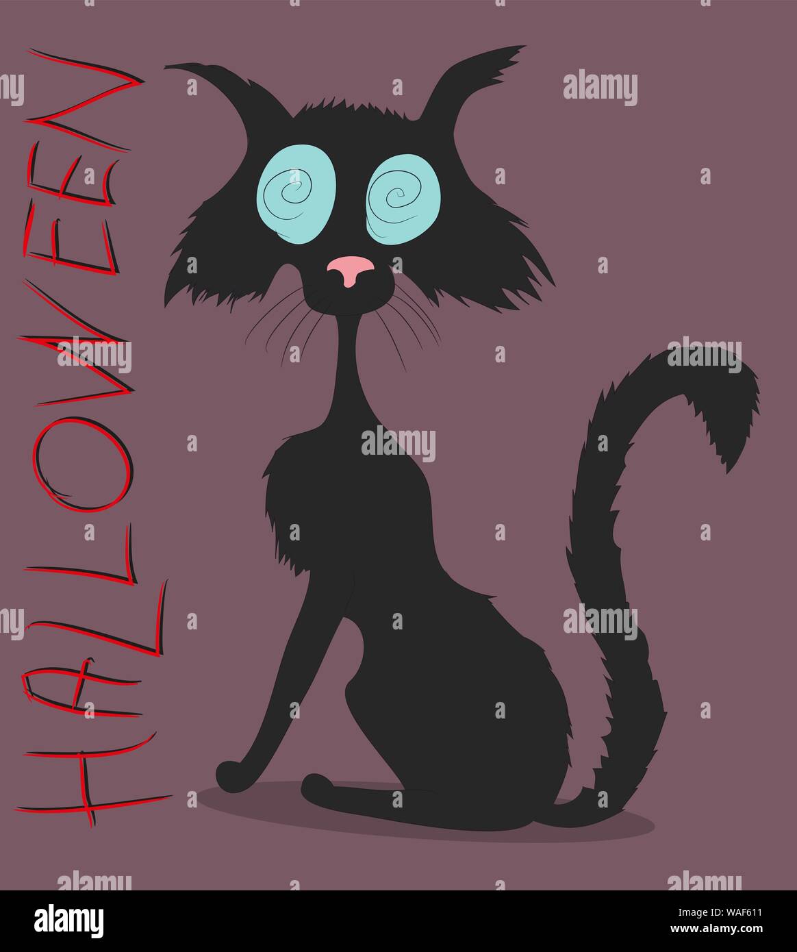 black cat on halloween drawing vector color background Stock Vector