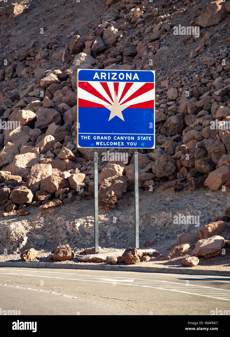 Welcome sign at the border to Arizona, Arizona, USA Stock Photo