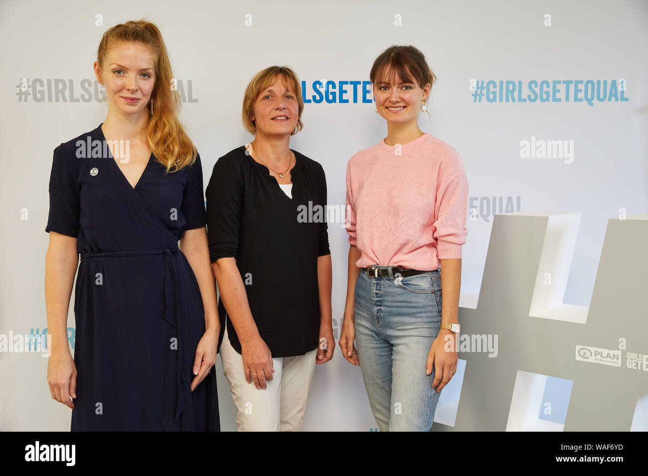 Hamburg, Germany. 20th Aug, 2019. Pheline Roggan (l-r), actress and Plan ambassador, Maike Röttger, Plan managing director, and Hannah Müller-Hillebrand, influencer and Plan ambassador, have come together for a photo after a Plan International press conference on role models in the social media. Credit: Georg Wendt/dpa/Alamy Live News Stock Photo