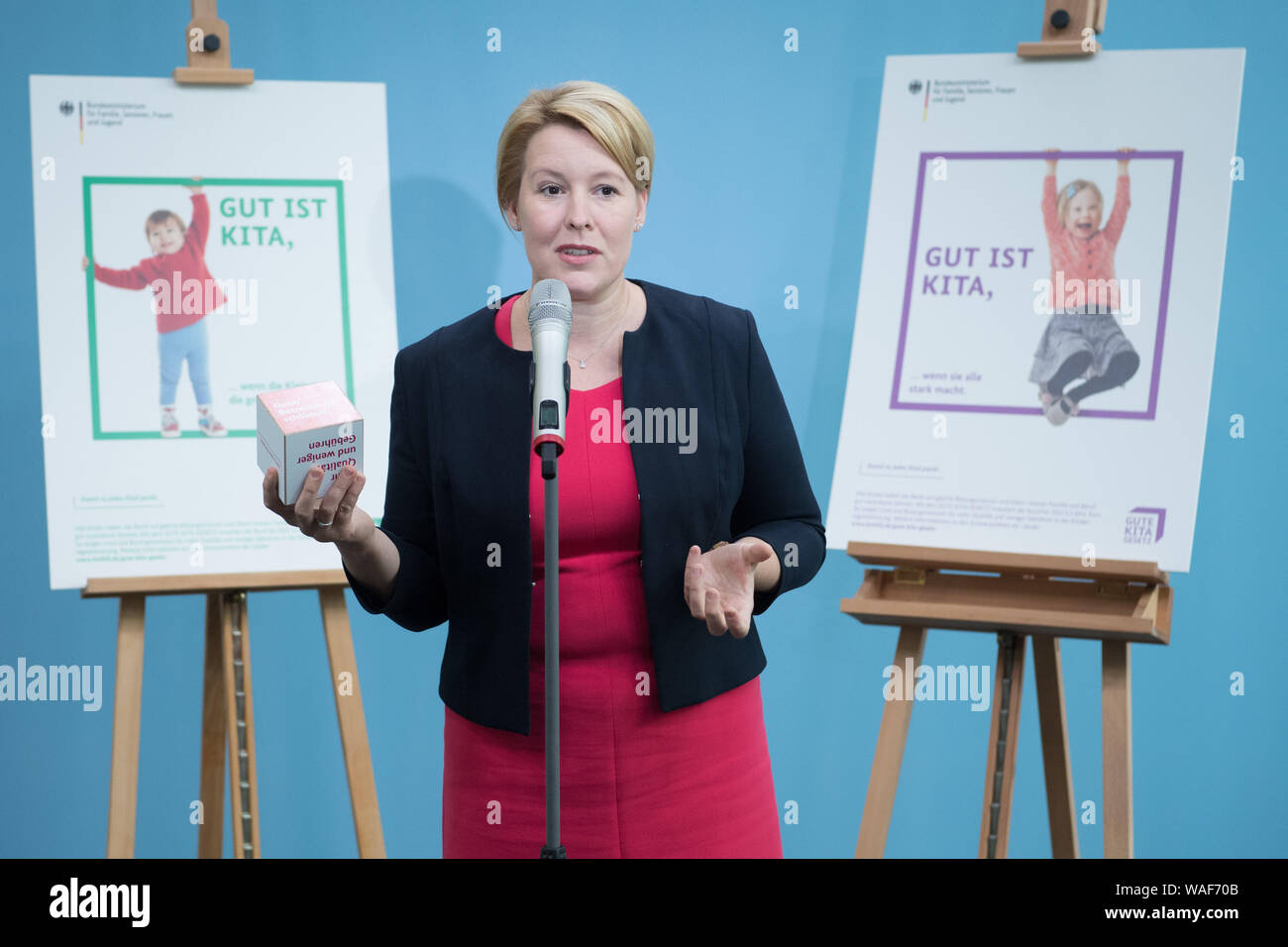 Berlin, Germany. 20th Aug, 2019. Franziska Giffey (SPD), Federal Minister for Family Affairs, takes stock of the signatures to the 'Gute-KiTa-Gesetz' in a statement. Credit: Jörg Carstensen/dpa/Alamy Live News Stock Photo