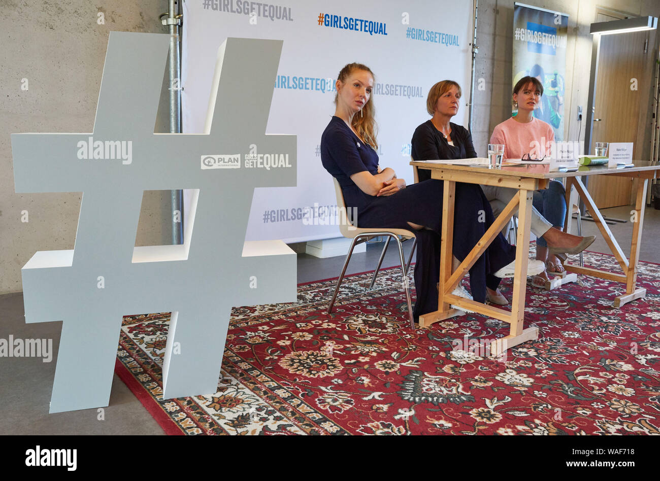 Hamburg, Germany. 20th Aug, 2019. Pheline Roggan (l-r), actress and Plan ambassador, Maike Röttger, Plan managing director, and Hannah Müller-Hillebrand, influencer and Plan ambassador, speak at a Plan International press conference on a survey on role models in the social media. Credit: Georg Wendt/dpa/Alamy Live News Stock Photo