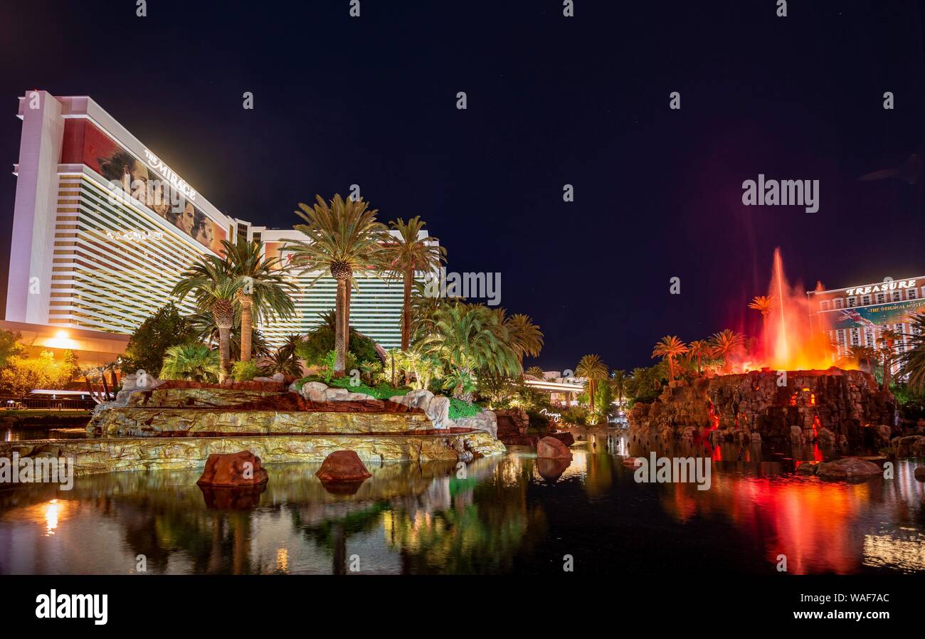 Show with artificial volcano eruption at Hotel The Mirage, night scene, Las Vegas, Nevada, USA