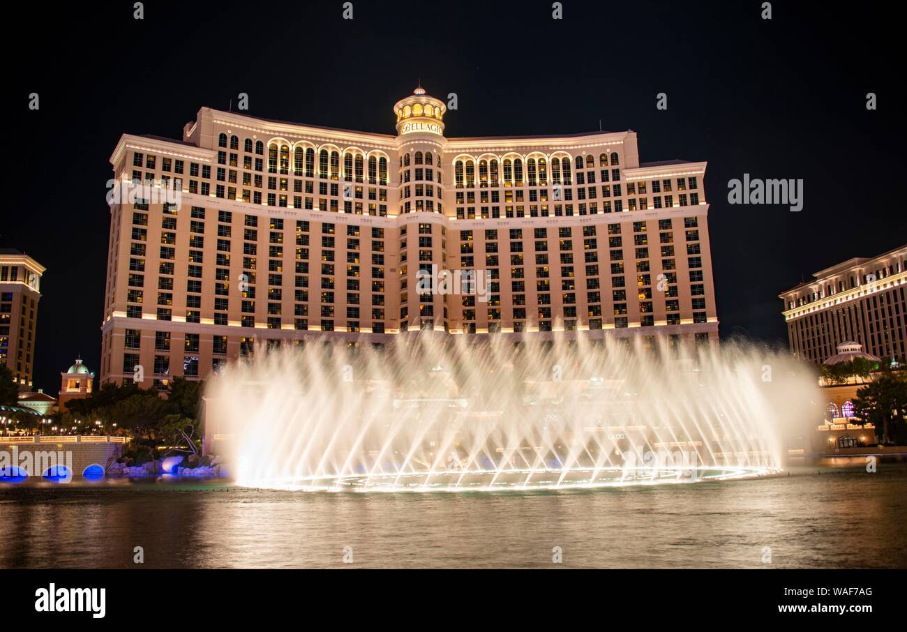 Light show and water fountains, fountain in front of the Bellagio Hotel, night shot, luxury hotel, Las Vegas Strip, Las Vegas Boulevard, Las Vegas Stock Photo