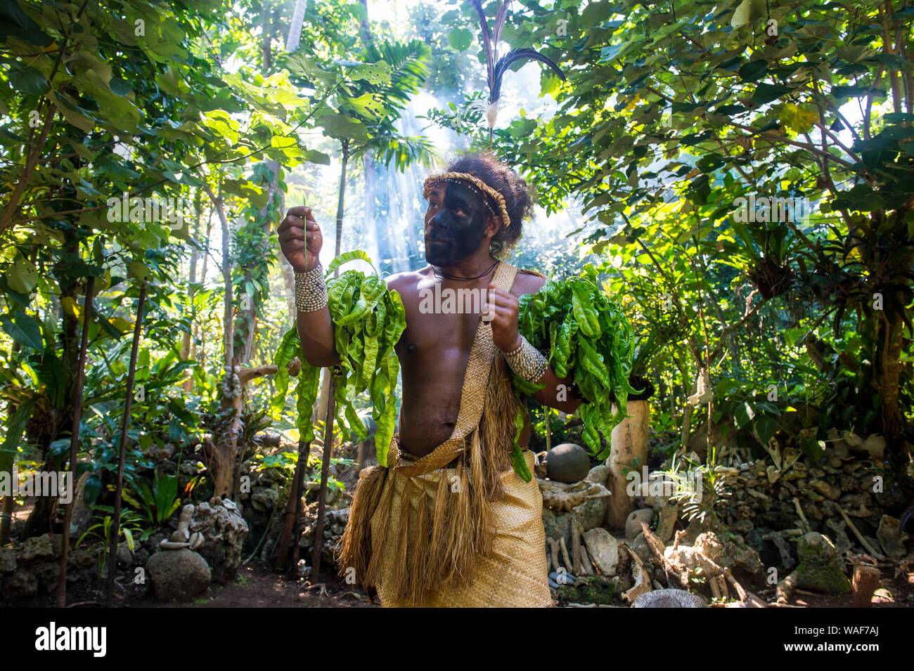 Traditional dressed man with black face in the jungle, Ekasup cultural village, Efate, Vanuatu Stock Photo