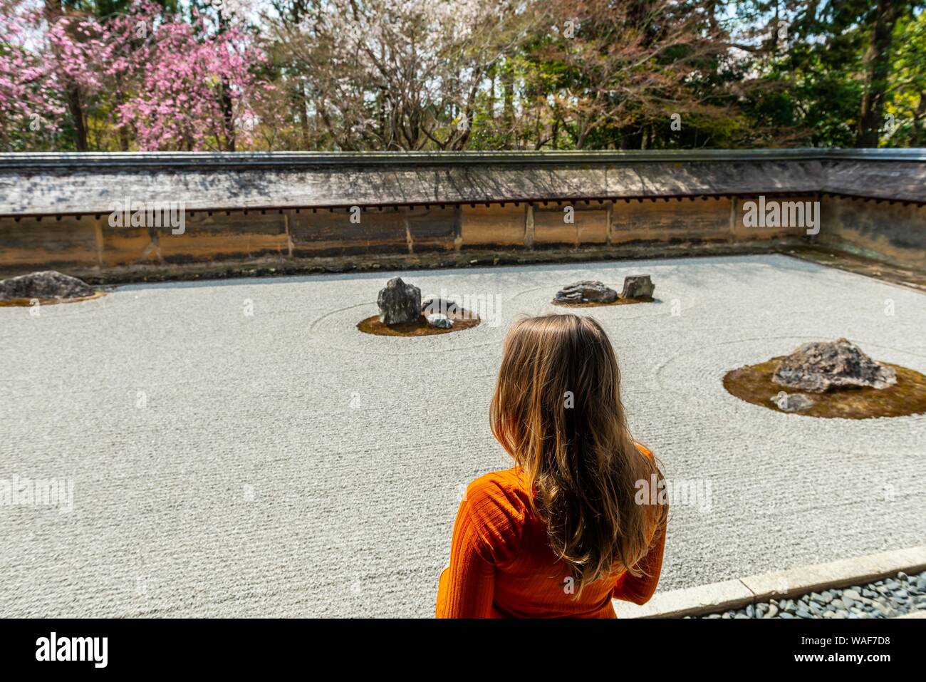 Tourist at Ryouanji Rock Garden, Zen Garden, Ryoanji Temple, Kyoto